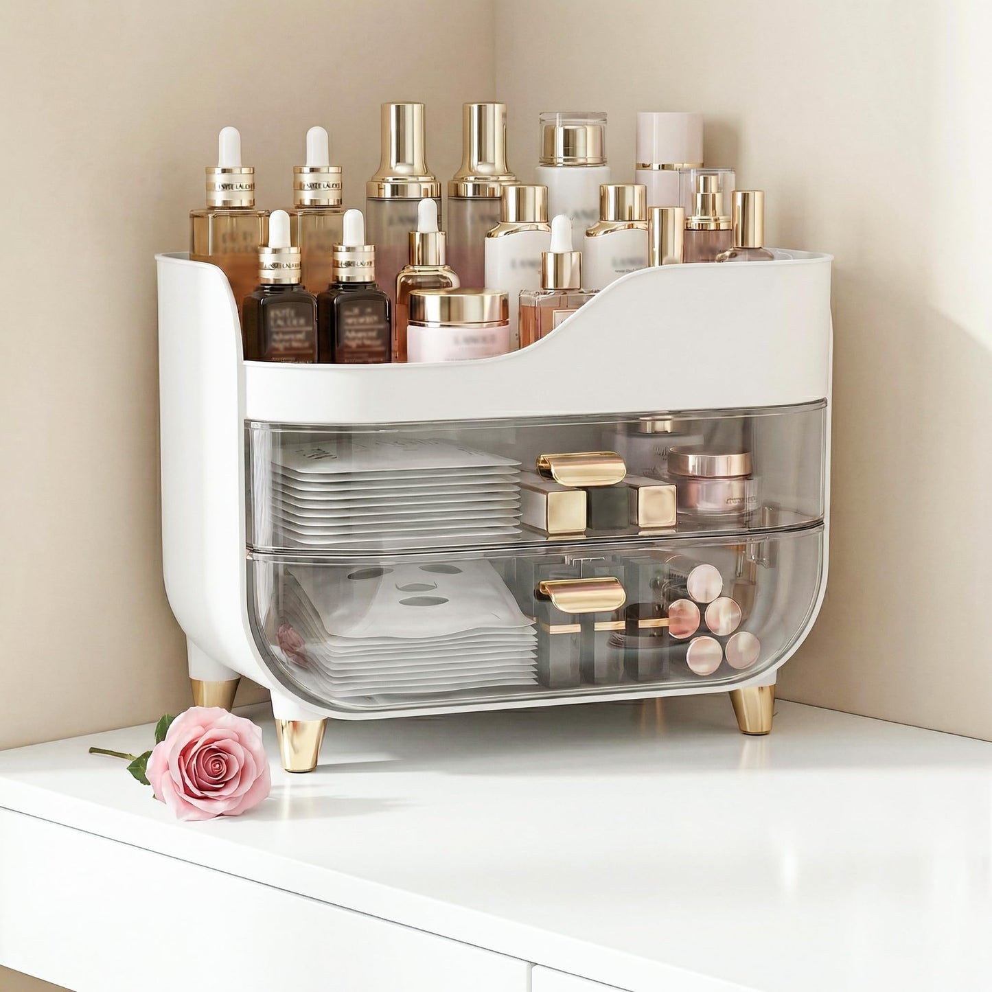 Asdbko Makeup Organizer for Vanity with Large Smooth Drawers Extra Large Skincare Organizer for Bathroom Countertop and Dresser, Crystal Clear Cosmetic Storage Display Case for Beauty Products