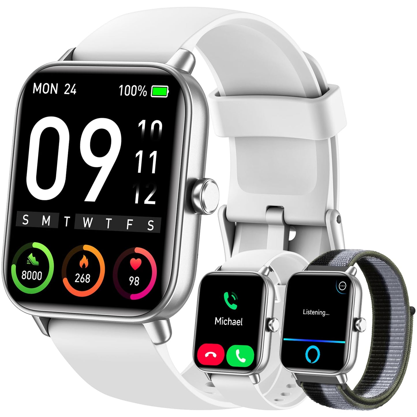 Hingso Smart Watch for Women Men, 1.85" Fitness Tracker for Android/iPhone | Bluetooth Call & Text Alert, Alexa Built-in, 24/7 Heart Rate/SpO2/Sleep/Cycles Monitor, 120+ Sports, IP68 Waterproof, 2 Bands