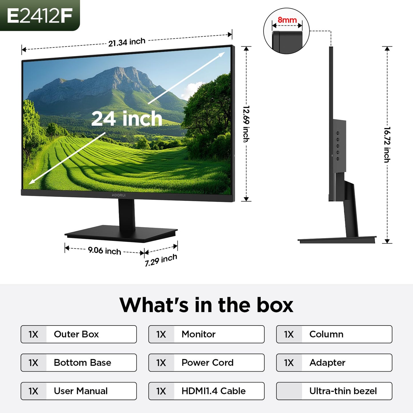 KOORUI 24-inch Computer Monitor Full HD 1920 x 1080p 100Hz VA Display 4000:1 Contrast Ratio with HDMI VGA, TÜV Rheinland Certified, 100 x 100 mm VESA Mountable, Ultra-Slim Design, Tilt, Black, E2412F