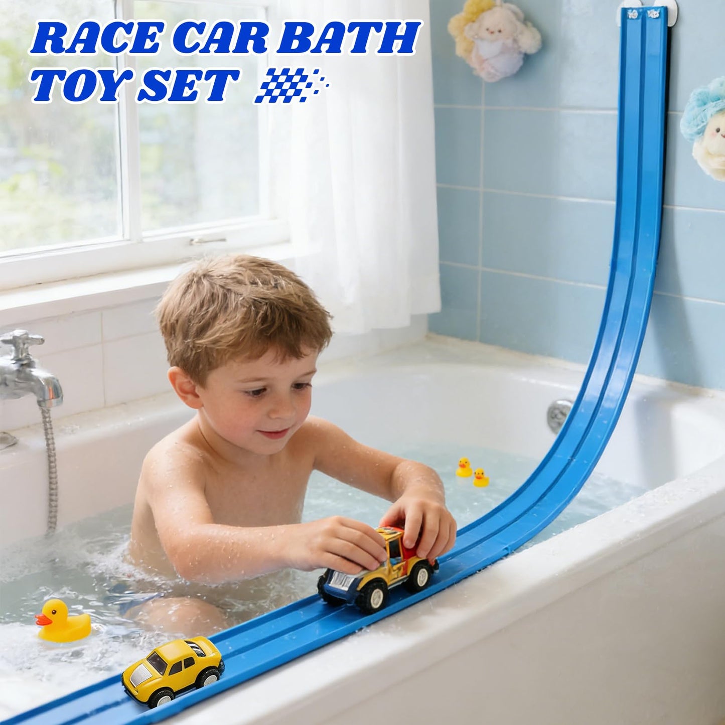 Flexible Race Track Toys for Kids: 15 Ft Flex Race Car Ramp Track with Suction Cups - Rolls Up Portable DIY Racetrack Compatible with Diecast 1/64th Cars Model - Birthday Gifts for Boys Girls Ages 3+