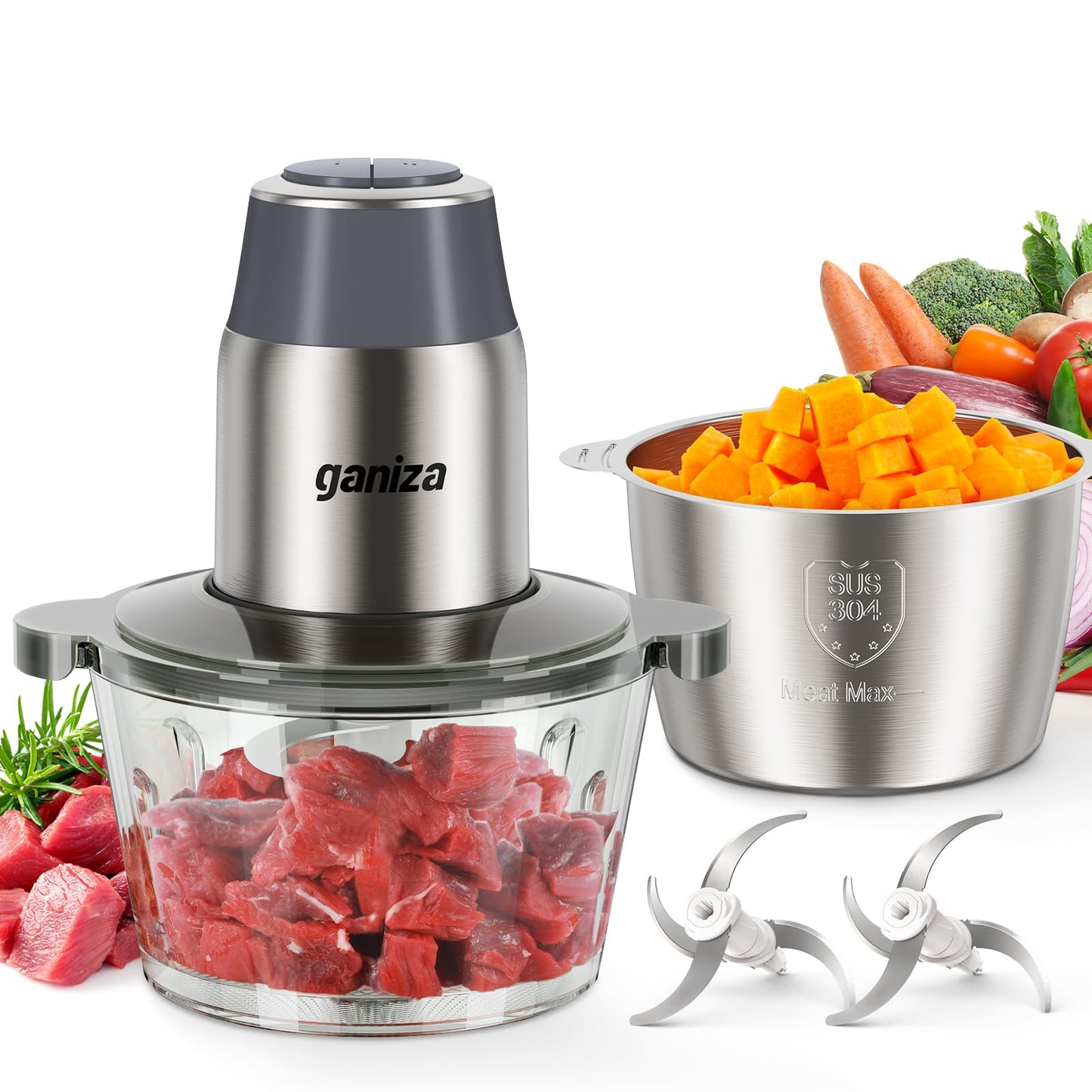 Ganiza Food Processors with 2 Bowls, 450W Meat Grinder Vegetable Chopper | 2-Speed Electric Food Chopper with 8 Cup Glass & 8 Cup Stainless Steel Bowls -Includes 2 Sets of Blades for Fruits/Meat/Nuts