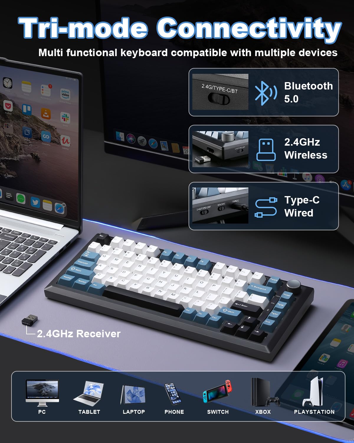 MIKIBY Y75 Gasket Wireless Mechanical Keyboard,75% Hot-Swappable with Knob, Tri-Mode,Creamy Pre-lubed Milk Linear Switches & Doubleshot PBT Keycaps, RGB, Win/Mac (Black & Blue)