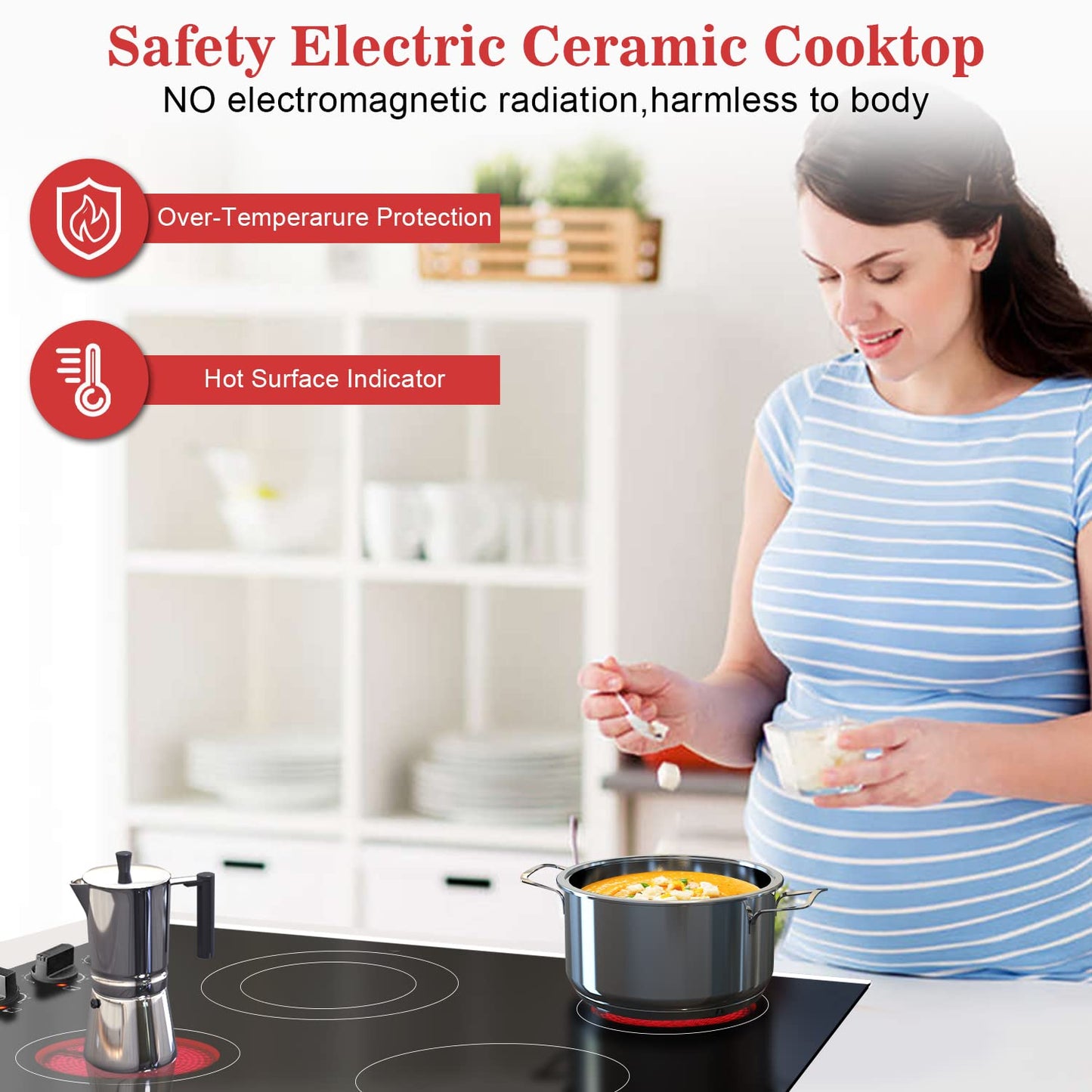 Karinear 30 Inch Electric Cooktop 4 Burners, Knob Control Built-in Ceramic Cooktop, 30" Radiant Electric Stove Top with Glass Protection Metal Frame,Hot Surface Indicator, 220-240v, Hard Wire, No Plug