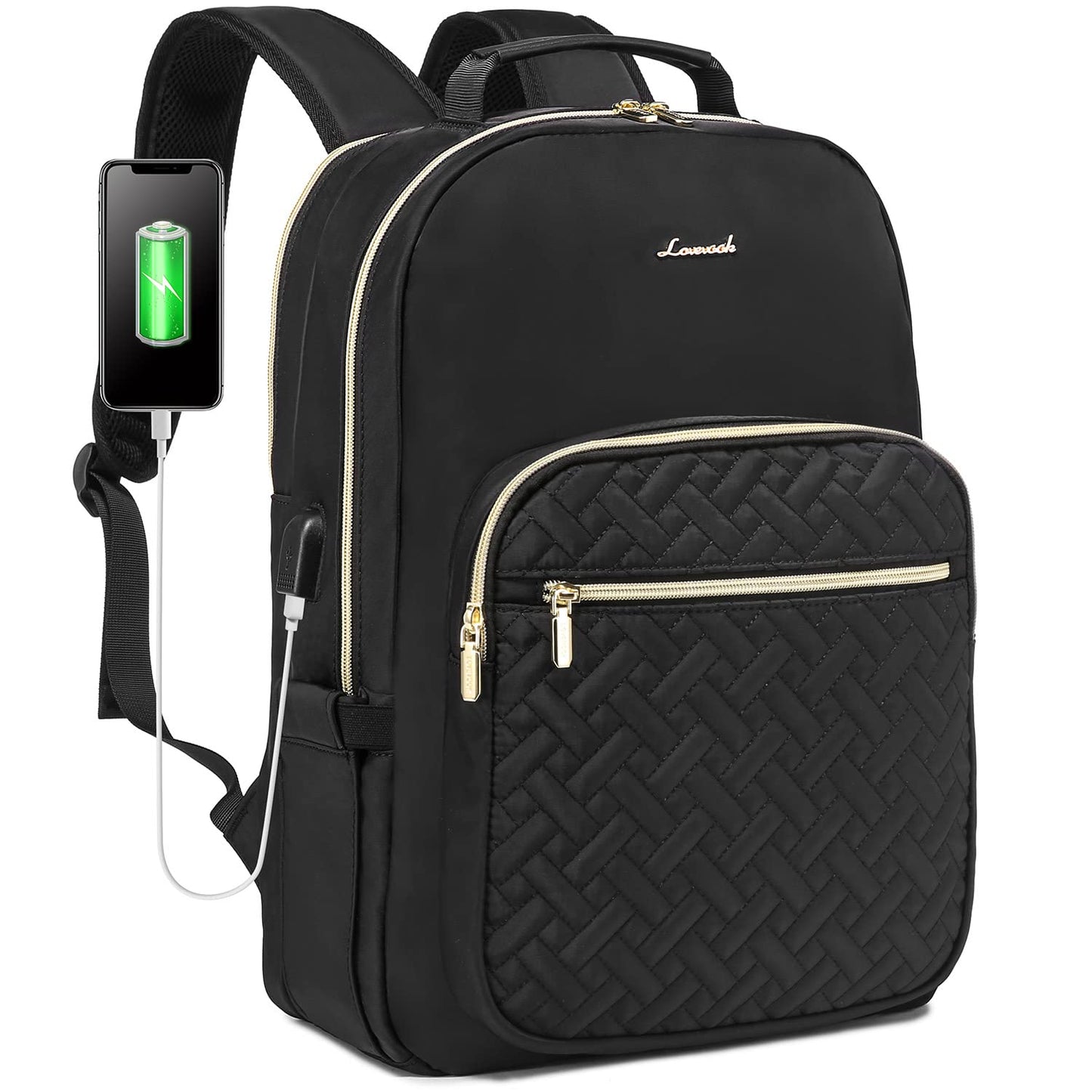 LOVEVOOK Laptop Backpack Purse for Women, Work Travel Computer Bags, College School Backpack for Student Girl, Quilted Casual Daypack with USB Port, Fit 15.6 Inch Laptop, Beige White