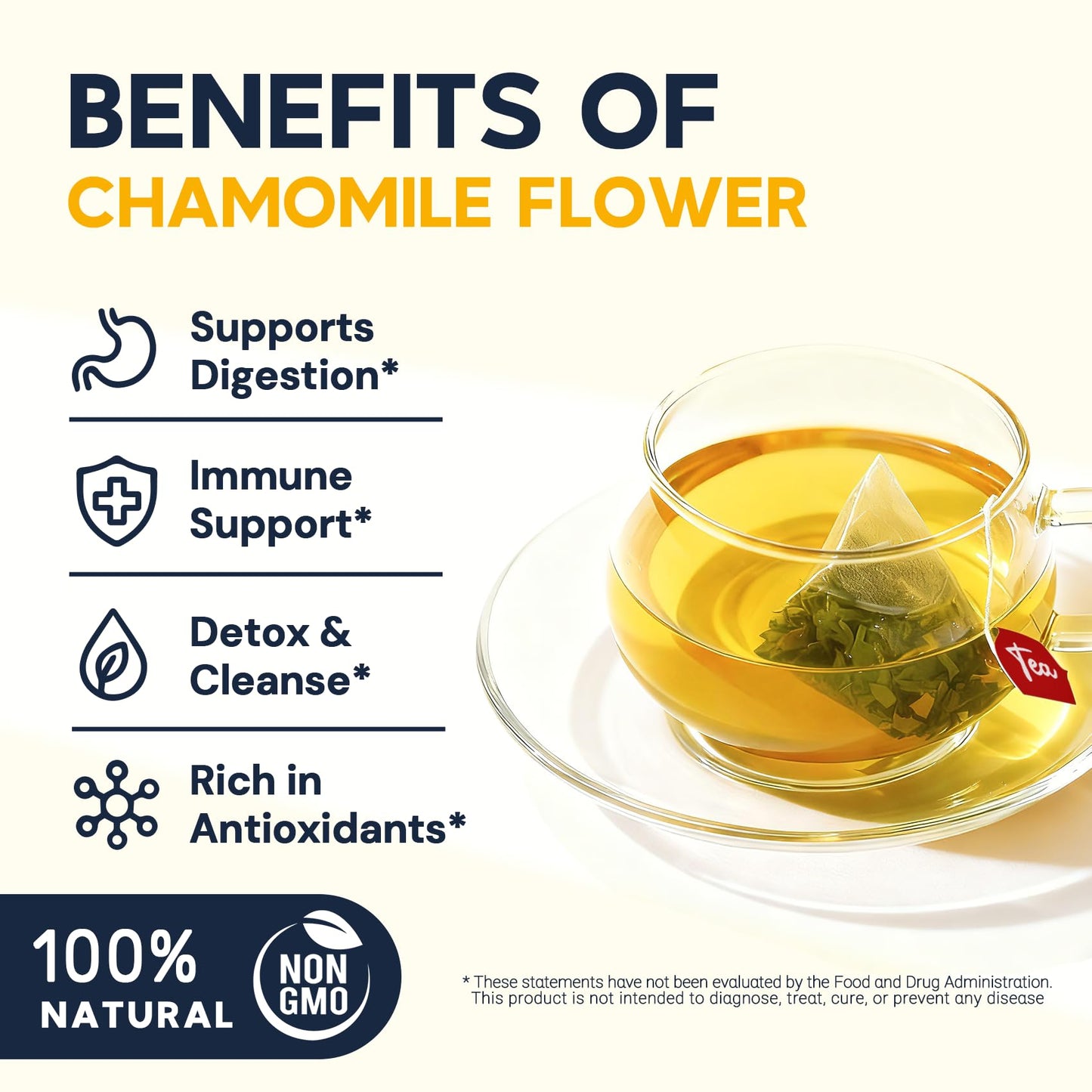 Chamomile Tea Bags, Chamomile Flower Herbal Tea - Sugar-Free, Caffeine-Free, 50 Teabags