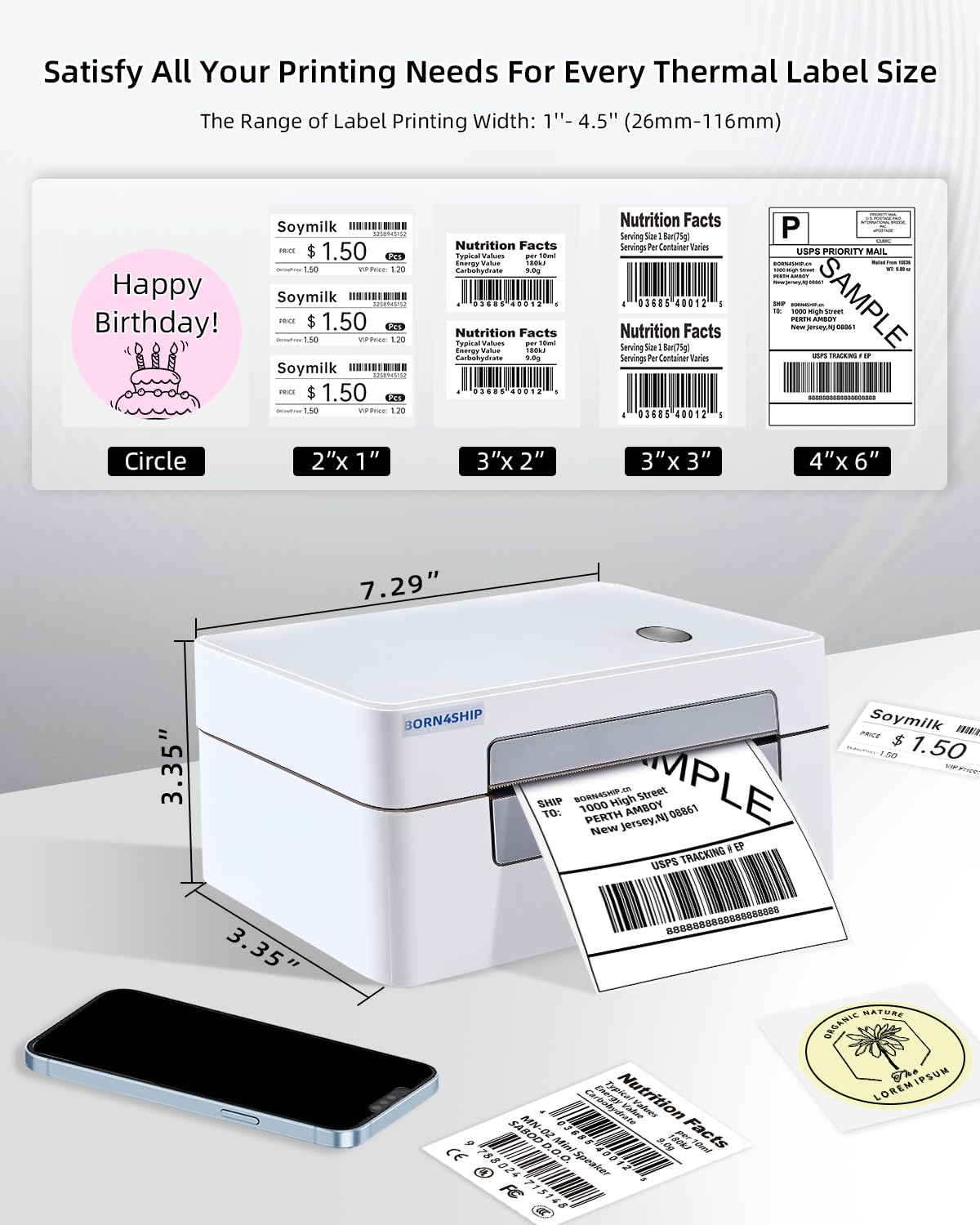 BORN4SHIP Bluetooth Shipping Label Printer, 4x6 Thermal Printer for Shipping Packages, Thermal Label Printer for Small Business, Widely Used for Amazon, iPhone, Android, iPad, Windows, macOS (Gray)