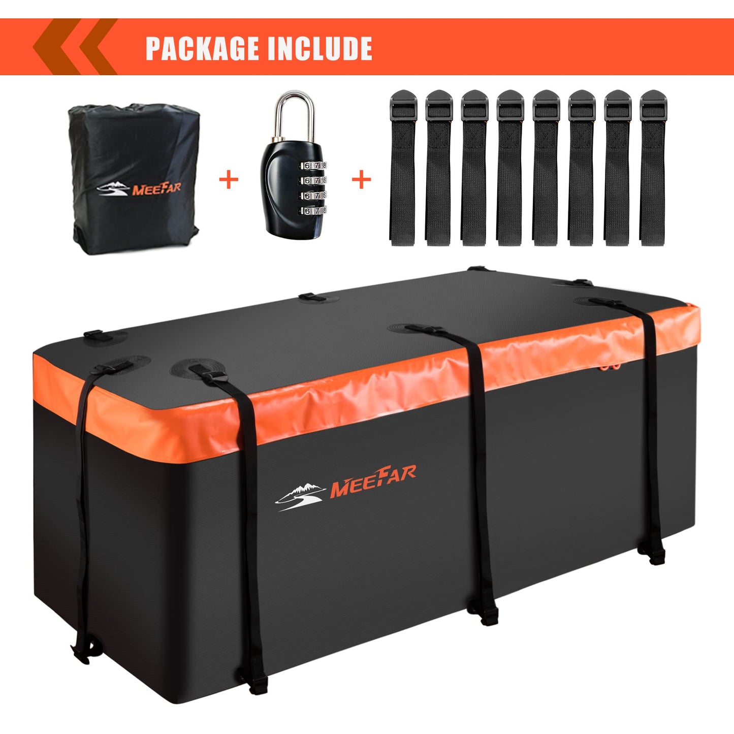 MeeFar Hitch Mount Cargo Carrier Bag Soft Shell 100% Waterproof 16 Cubic Feet (58" 24" 19") Include 8 Reinforced Straps for Truck Pickup All Vehicle with Steel Cargo Basket