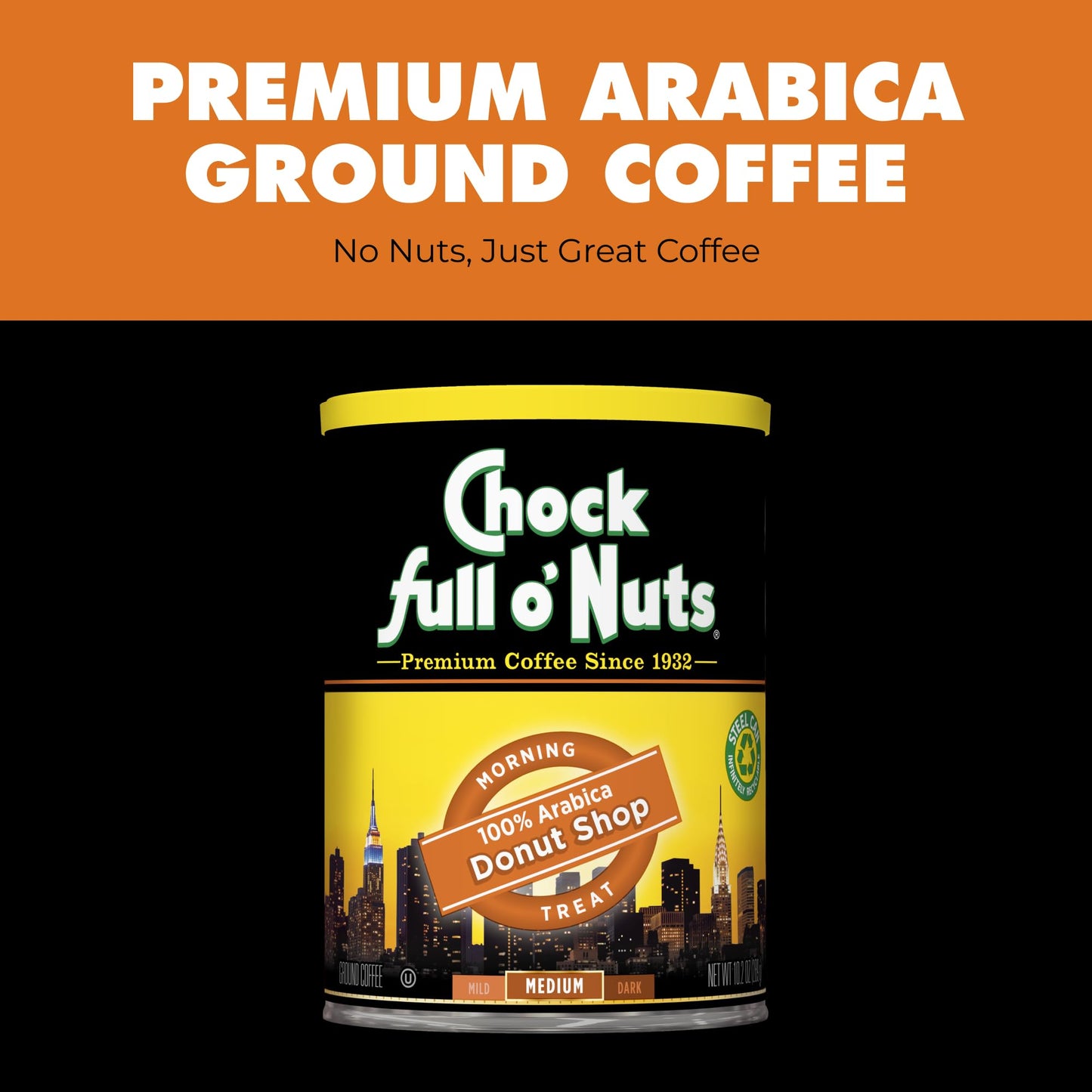 Chock Full o' Nuts Donut Shop Ground Coffee – Premium Beans in Recyclable Steel Can – Rich Flavor & Aroma, Medium Roast – Perfect for Drip, Pour-Over, Percolator – 10.2 Oz Can, Pack of 6