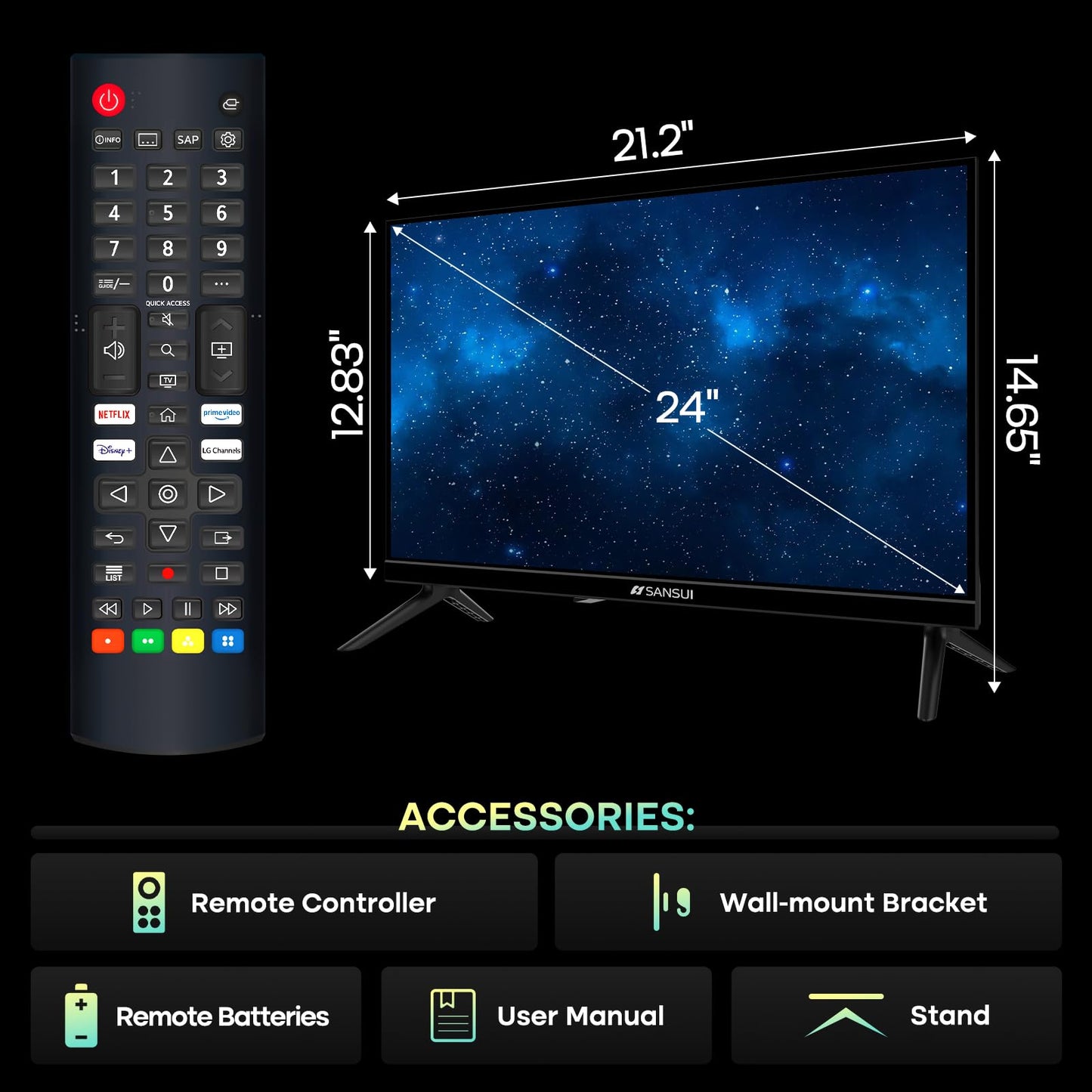 SANSUI 24 inch 768P DLED Smart WebOS TV | Small Television with chromecast Built in | WebOS hub Compatible with HomeKit | Support Airplay & WiFi Connection & Bluetooth 5.2&2 * 8w Speakers