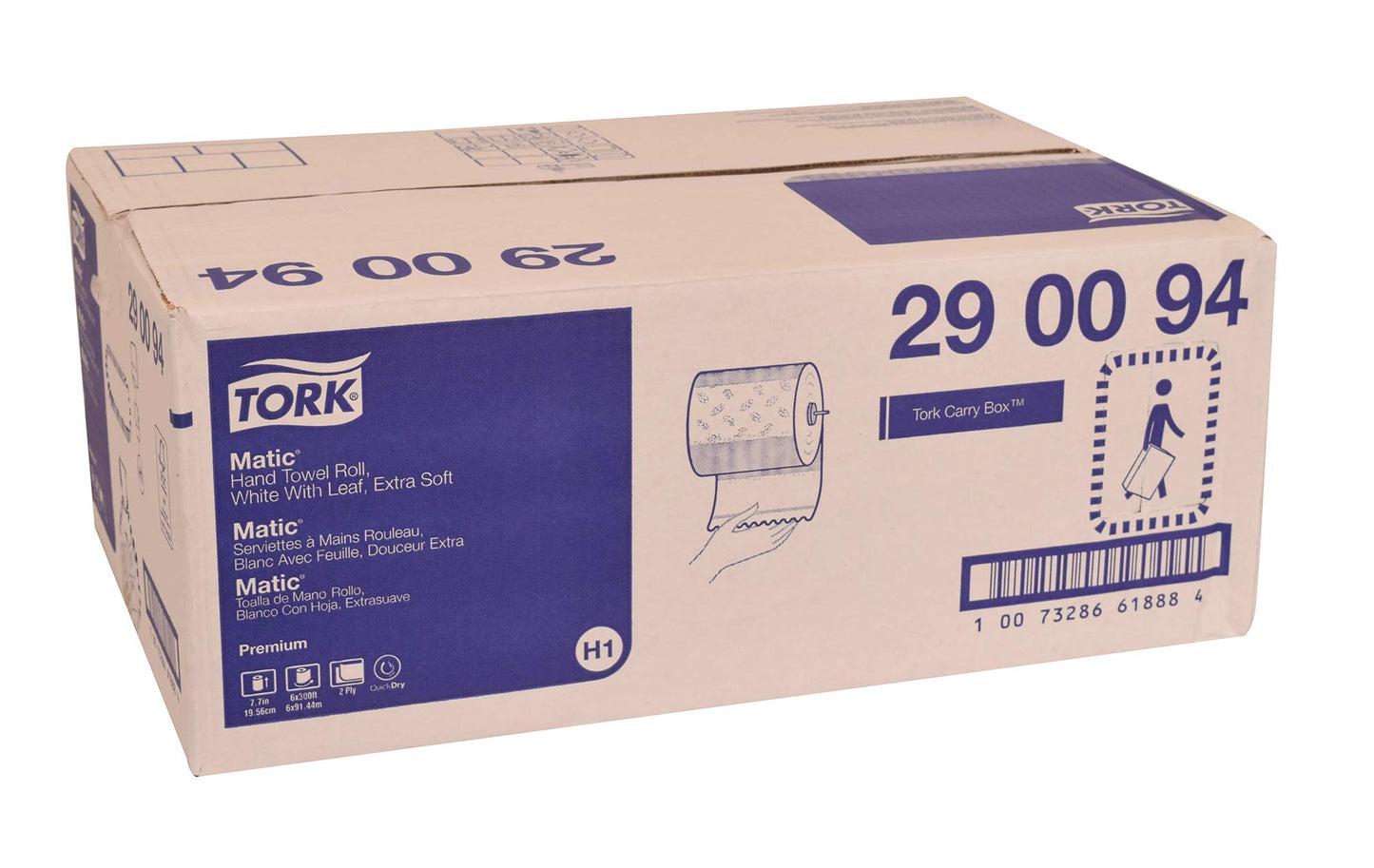 Tork Matic Extra Soft Paper Hand Towel Roll White with Blue Leaf H1, Premium, 6 Rolls x 300 ft, 290094