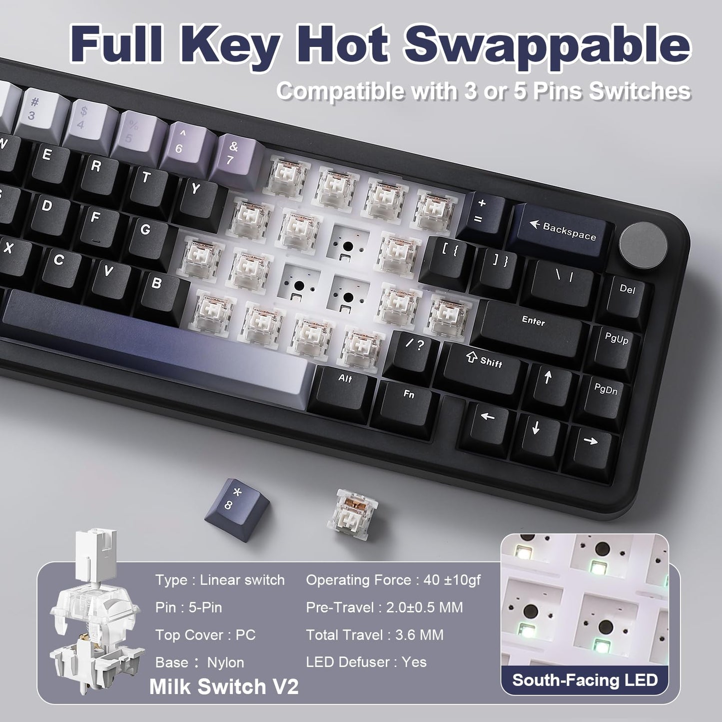 YUNZII B68 Wireless Mechanical Keyboard,Tri-Mode BT5.0/2.4GHz/USB-C,Cute PBT Keycaps,Hot Swappable Creamy Typing Gasket Mounted,RGB Backlit NKRO for Win/Mac (Black, Milk V2 Switch)