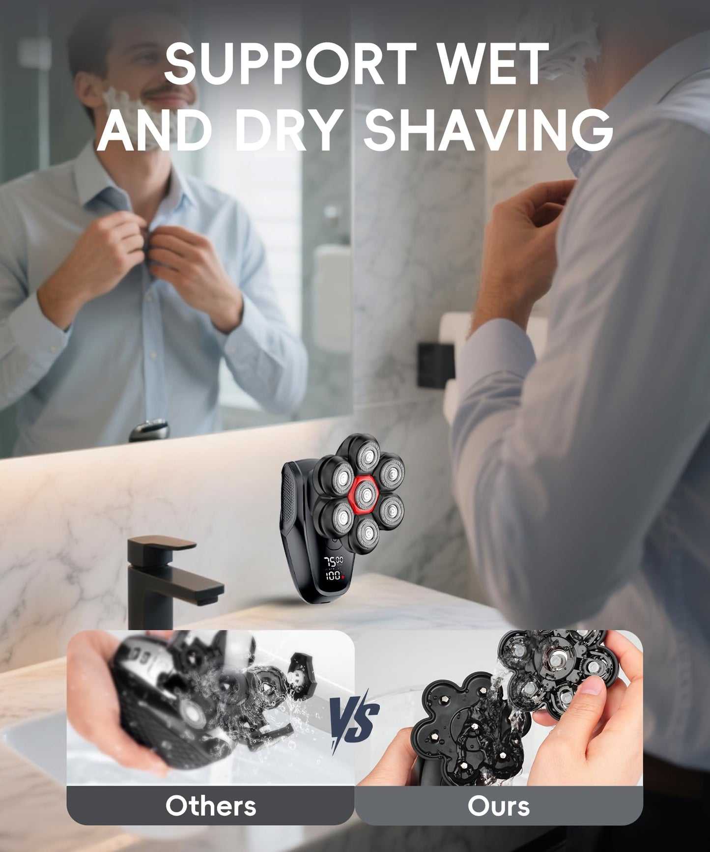 MALEGEBAZ Head shavers for Bald Men 5-in-1 Men's Grooming Kit, 7D Rotary Electric Head Shaver, IPX8 Waterproof Wet/Dry High-Gloss Black