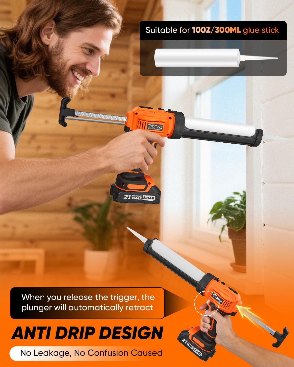 Saker Electric Caulking Gun Cordless Caulk Gun Drip-free with Caulking Tools 4 Adjustable Speeds with LED Light 10oz/300ml for Kitchen Bathroom Filling, Sealing 2 Batteries