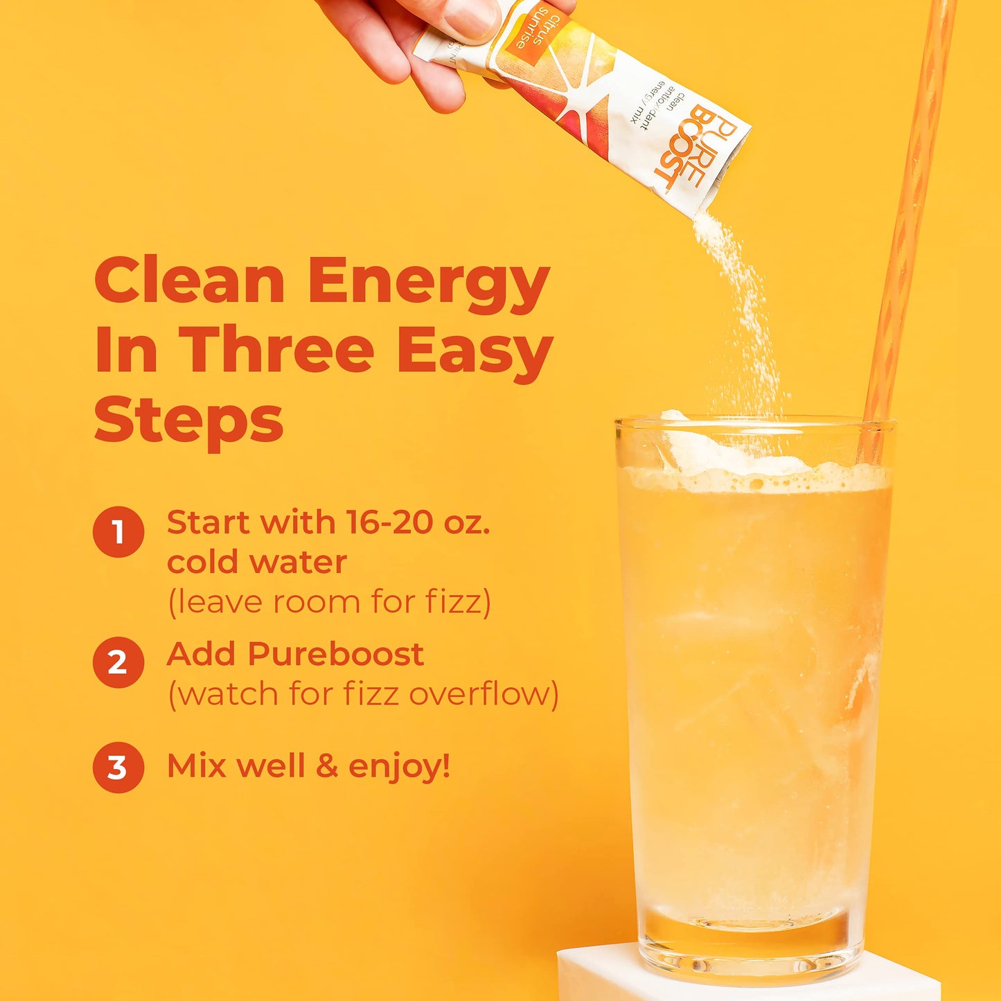 Pureboost Sugar-Free Clean Energy Booster, Citrus Sunrise 30 Count, Refreshing Energy Drink Mix with B12 Vitamins, Electrolytes, Antioxidants, with No Sucralose