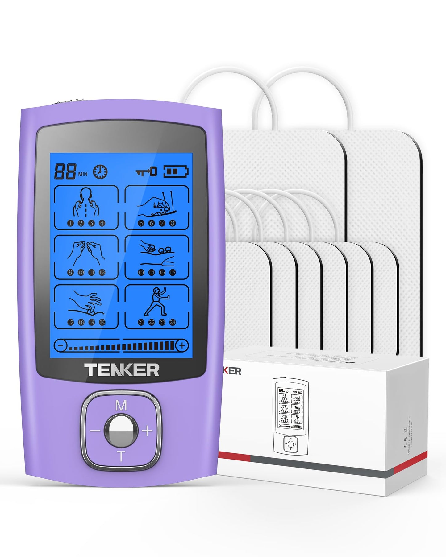 TENKER TENS Unit Muscle Stimulator, 24 Modes TENS EMS Machine for Shoulder, Sciatica, Back Pain Relief, Rechargeable Electronic Pulse Massager with 2"x2" and 2"x4" Electrode Pads