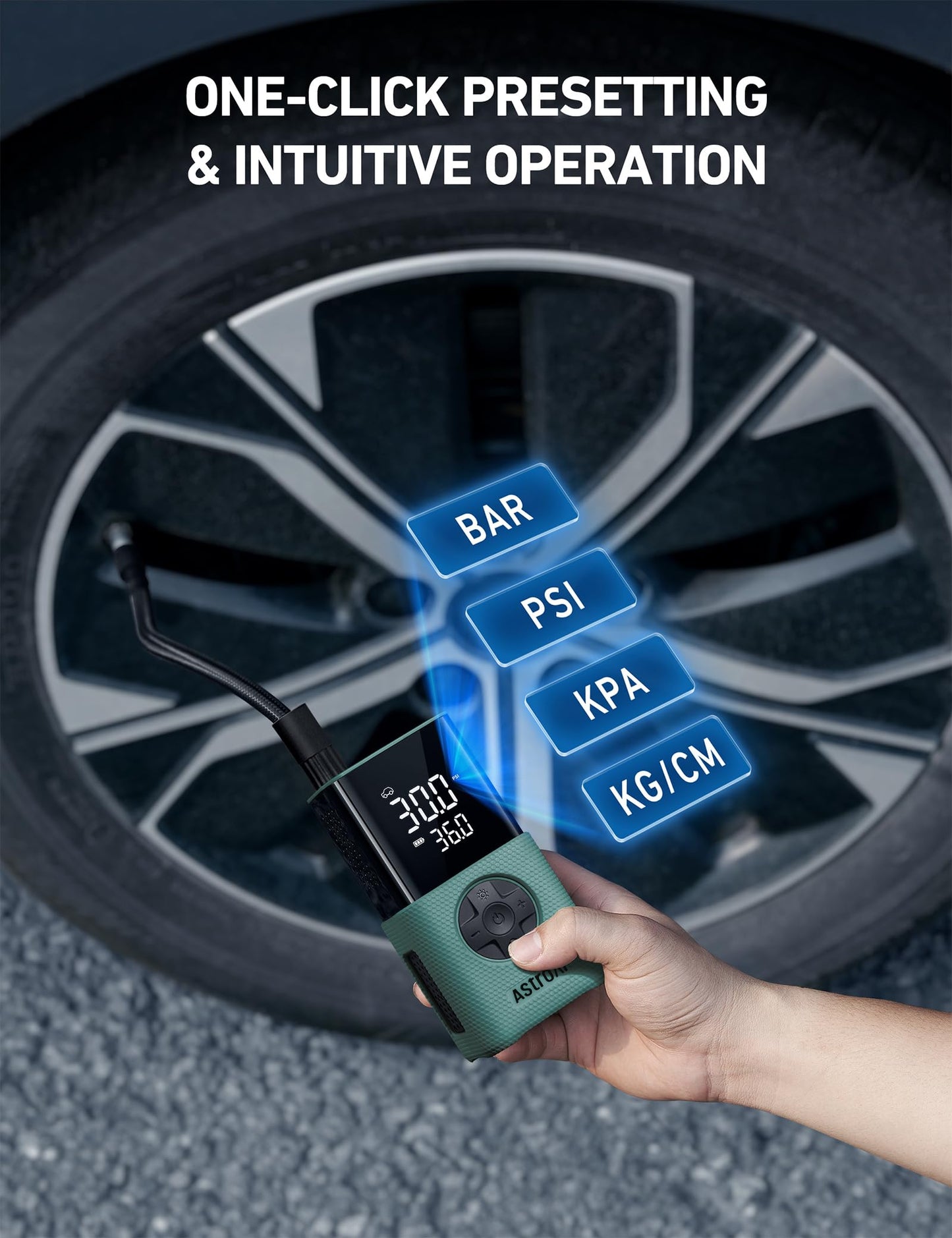 AstroAI L7S Tire Inflator Portable Air Compressor Cordless with Digital Pressure Gauge, 150 PSI LED Light Bike Air Pump with Fast Inflation & Auto Shut-Off for Car Tires,Motorcycles,Bikes,Balls,Green
