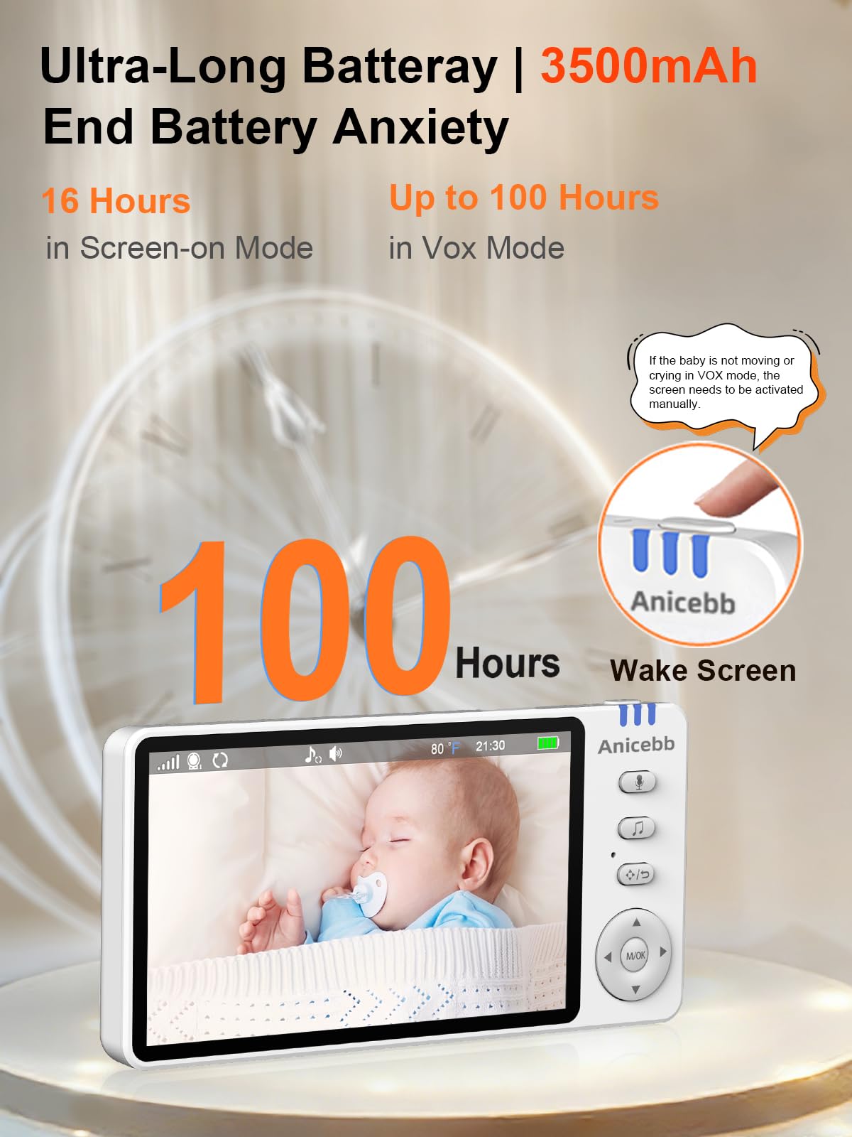 Anicebb 5" HD Video Baby Monitor with Camera and Audio, No WiFi Hack-Proof Security, Remote Pan-Tilt-Zoom, 100-Hour Battery Life in VOX Mode, 1000ft Range, Night Vision, Temperature & Cry Alerts