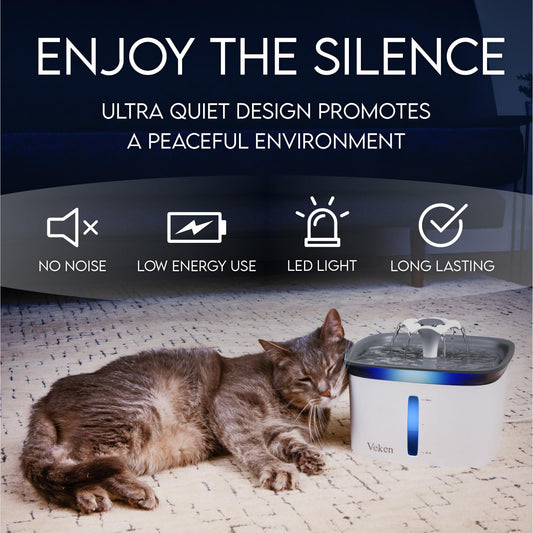 Veken Innovation Award Winner 95oz/2.8L Pet Fountain, Automatic Cat Water Fountain Dog Water Dispenser with Replacement Filters for Cats, Dogs, Multiple Pets (Grey, Plastic)