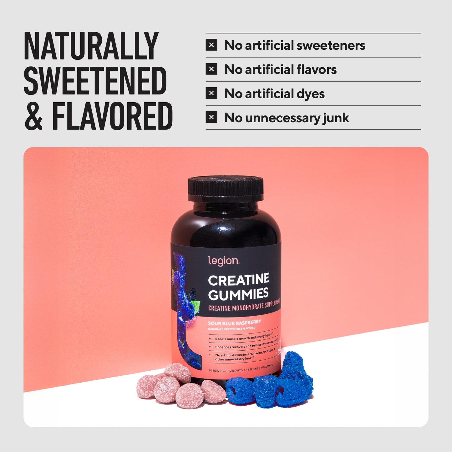 LEGION Creatine Monohydrate Gummies for Men & Women – Clean Chewable Creatine Supplement for Strength, Endurance & Muscle Recovery – 30 Sour Watermelon Flavor Servings – No Artificial Flavors