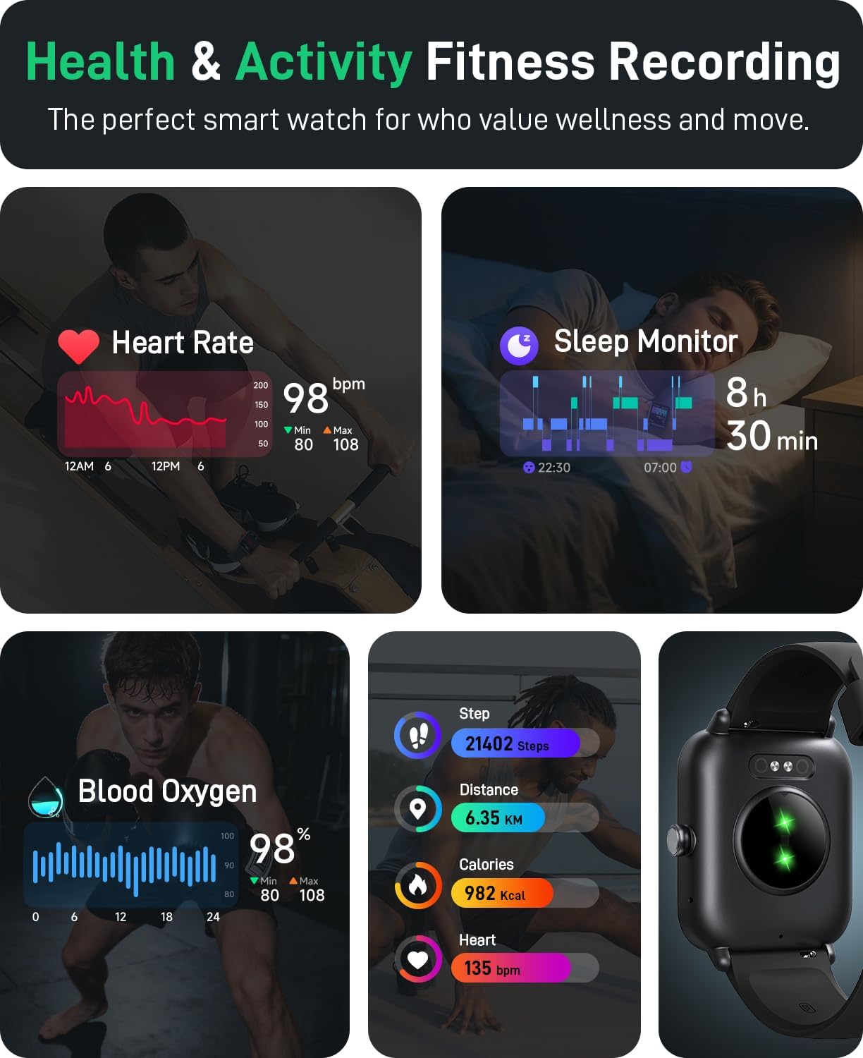 Hingso Smart Watch for Women Men, 1.85" Fitness Tracker for Android/iPhone | Bluetooth Call & Text Alert, Alexa Built-in, 24/7 Heart Rate/SpO2/Sleep/Cycles Monitor, 120+ Sports, IP68 Waterproof, 2 Bands