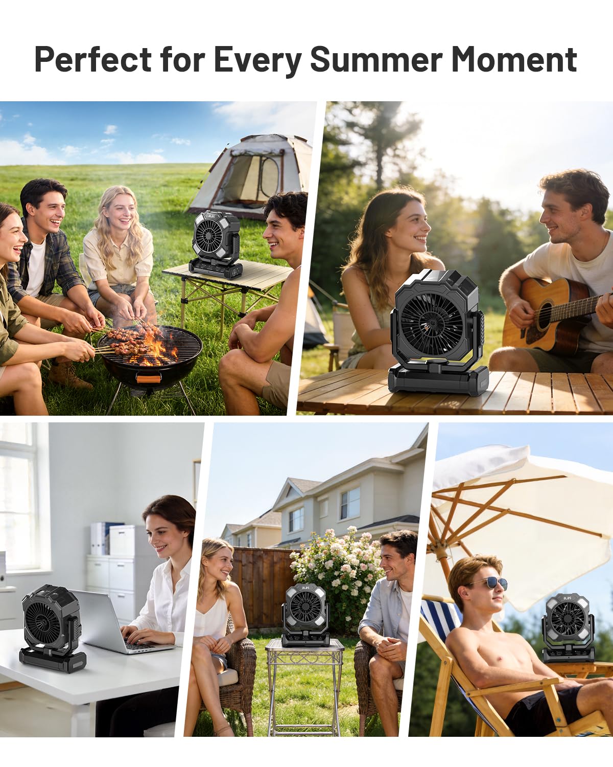 BLBS Camping Misting Fan, 24000mAh Rechargeable Battery Powered, 80H Runtime, 300ml Water Tank, LED Light & Hook, Portable Outdoor Fan for Camping Travel（Black）