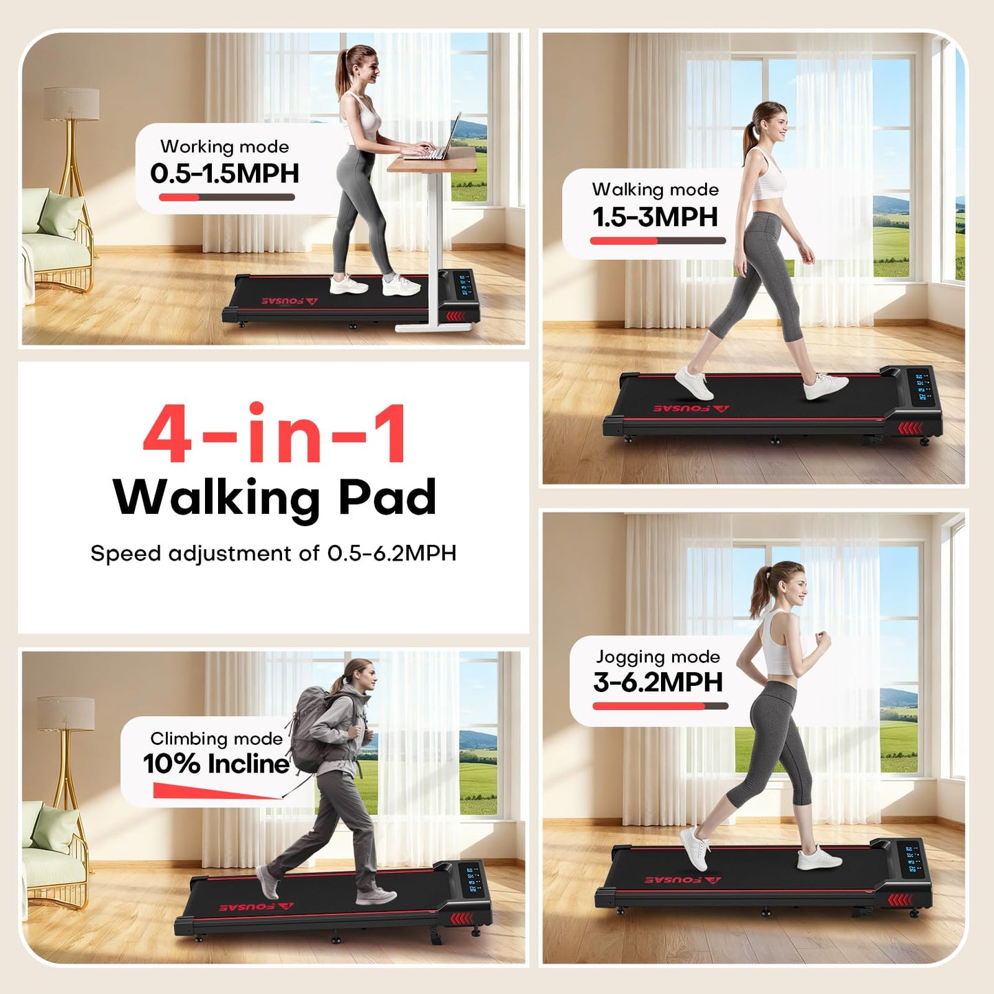 FOUSAE Walking Pad with 10% Incline Treadmills for Home, 4 in 1 6.2MPH Walking Pad Under Desk Treadmill with Full Screen LED Display, 2.75HP Brushless Drive, 12 HIIT Programs, 350 LBS Weight Capacity