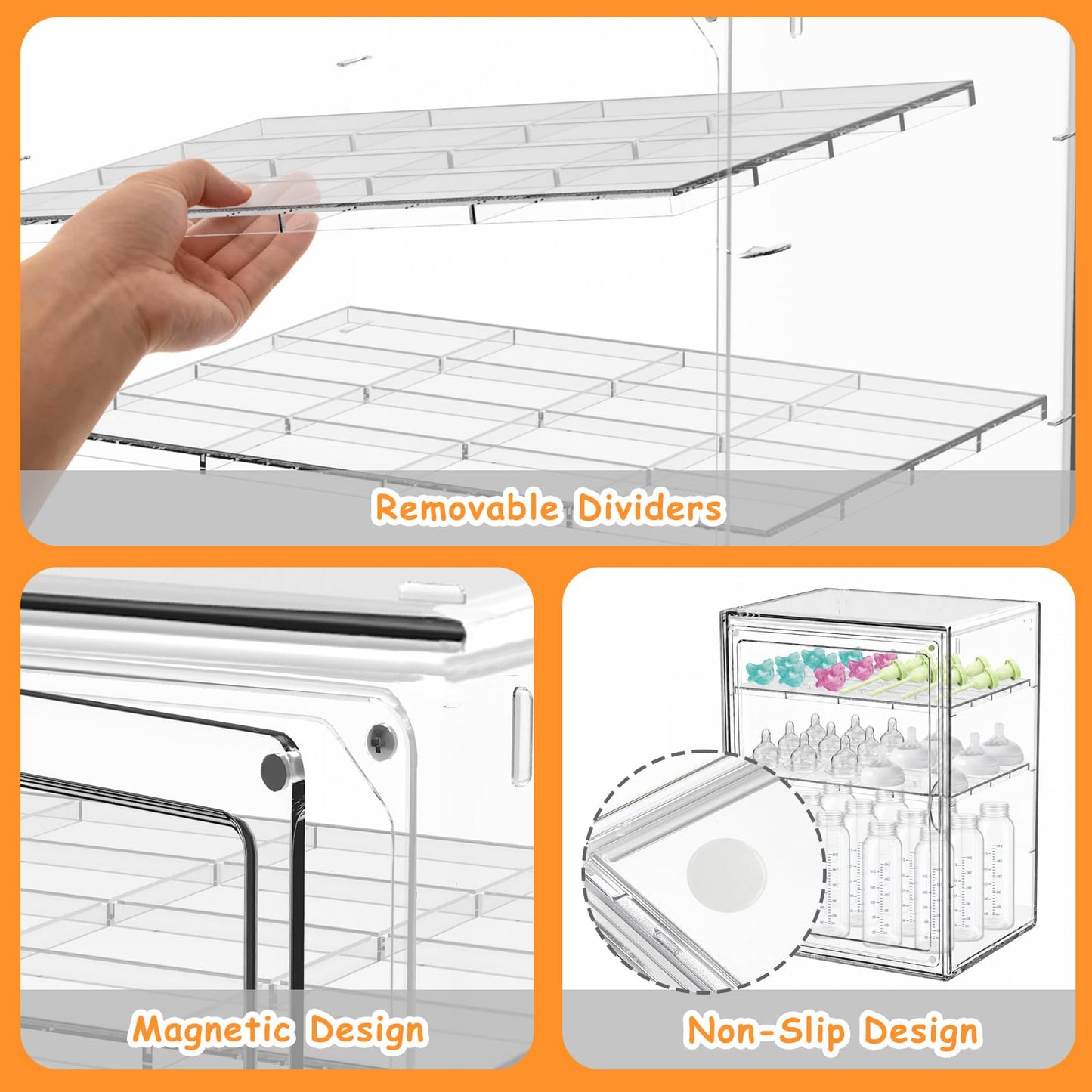 LEARNIBEE Baby Bottle Organizer,Adjustable Height Bottle Storage Organizer Baby for Bottles, Pacifiers, Pump Parts, Clear Organizer for Countertop, Cabinet,Vanity, Bathroom