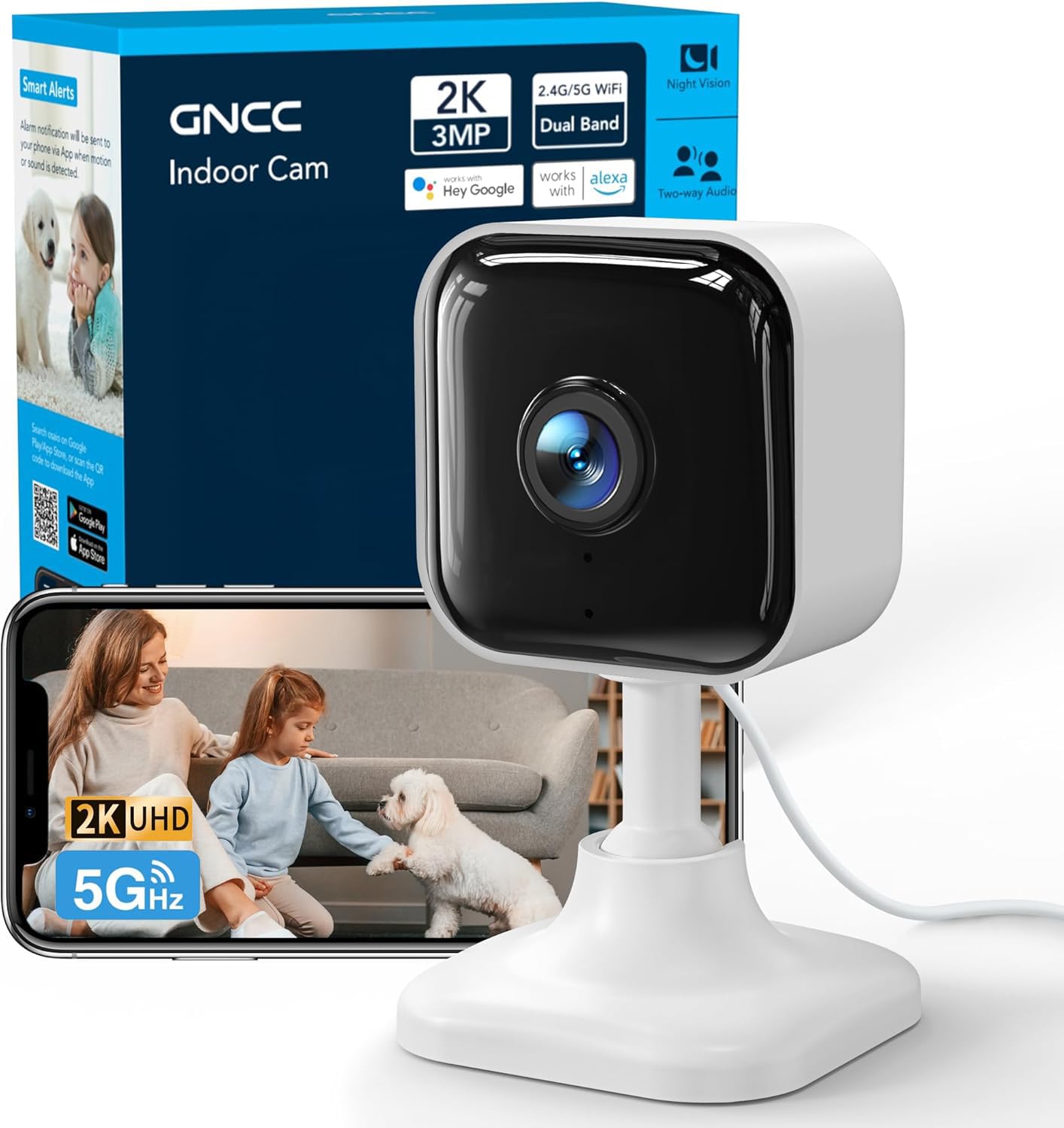 GNCC 2K Cameras for Home Security Indoor Cameras Wireless 2.4G/5G with App | Pet Cam, Dog Camera, Motion Detection, 2 Way Audio, Works with Alexa, Cloud Storage Optional, Fixed View, Plug-in, 4 Pack