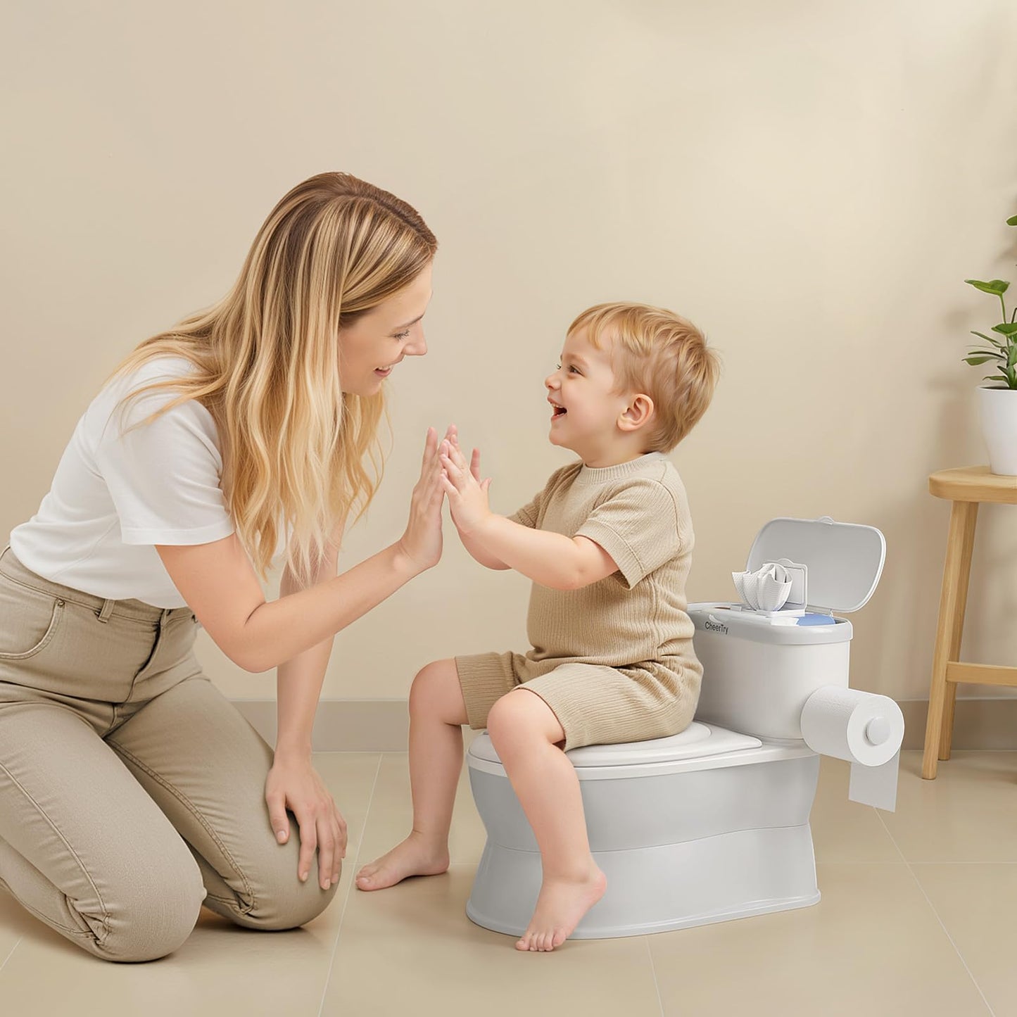 CheerTry 2-in-1 Toddler Potty Training Toilet - with Detachable Training Seat, Realistic Flushing Sound for Boys & Girls Ages 1-3 with Wipes Storage, Toilet Paper Holder