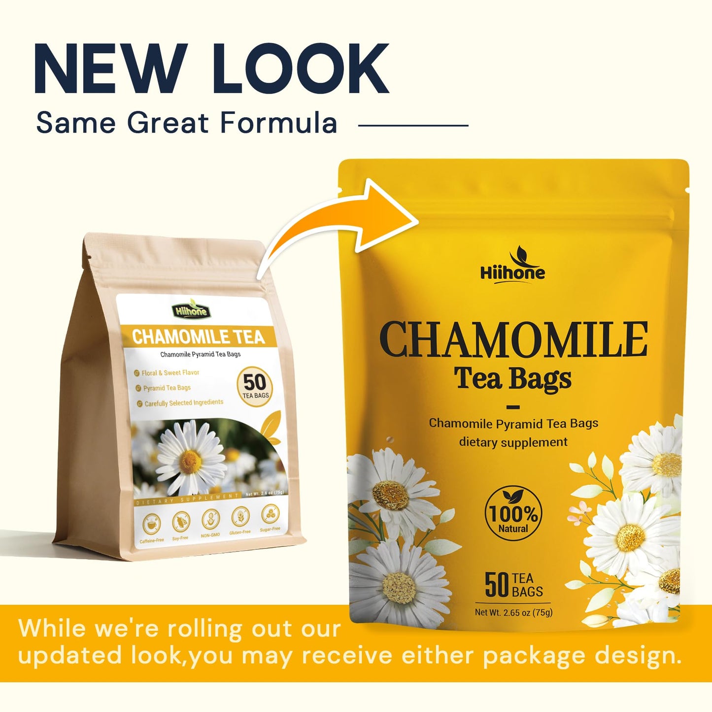 Chamomile Tea Bags, Chamomile Flower Herbal Tea - Sugar-Free, Caffeine-Free, 50 Teabags