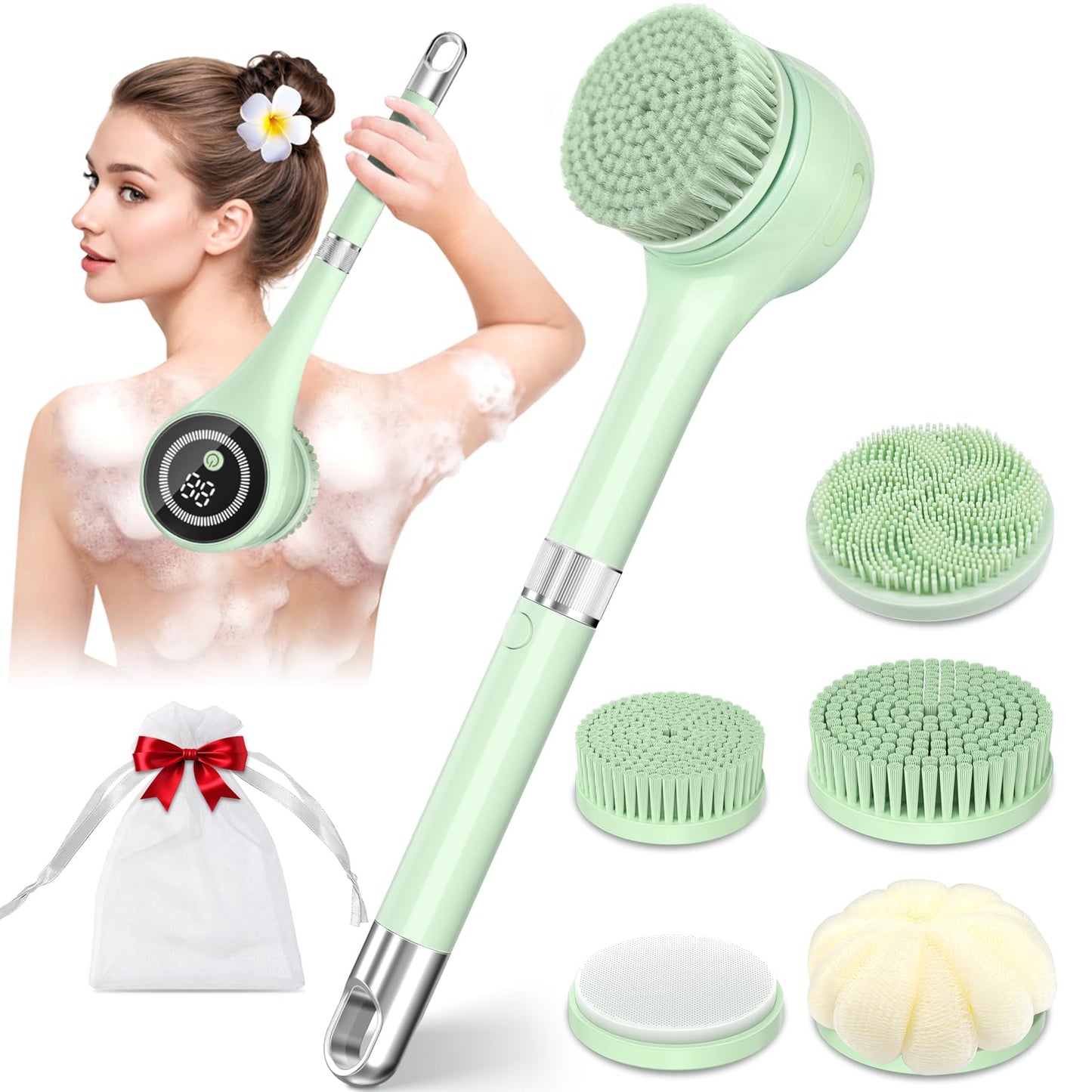 Electric Body Brush Back Scrubber for Shower, Waterproof Long Handle Power Auto Body Scrubber with 5 Heads, 3-Speed Rechargeable Bath Brush for Women, Men, Deep Cleansing, Exfoliating, Massage Skin