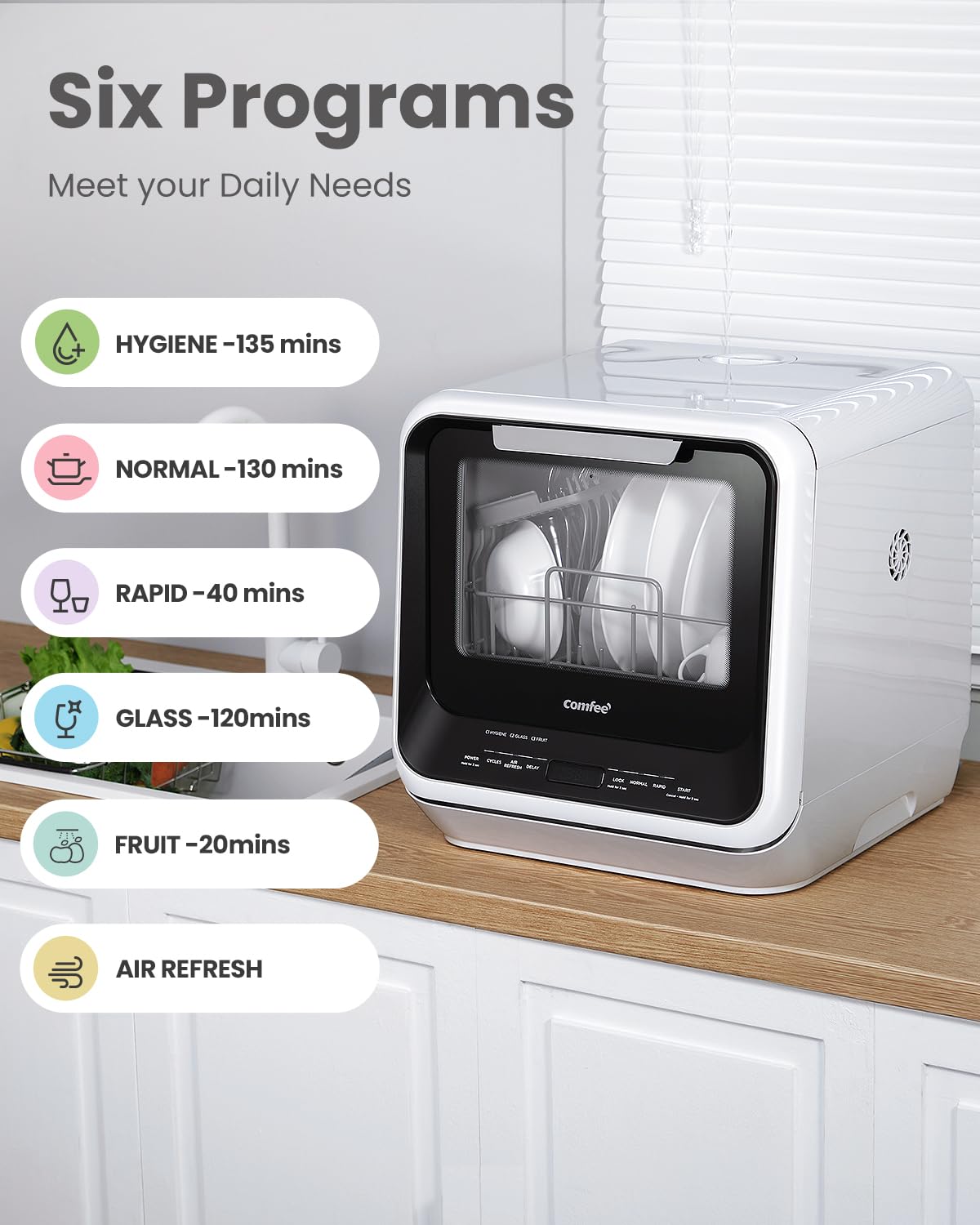 COMFEE' Portable Mini Dishwasher Countertop with 1.32Gal Built-in Water Tank for Apartments& RVs, No Hookup Needed, 6 Programs, 360° Dual Spray, 162℉ High-Temp& Air-Dry Function