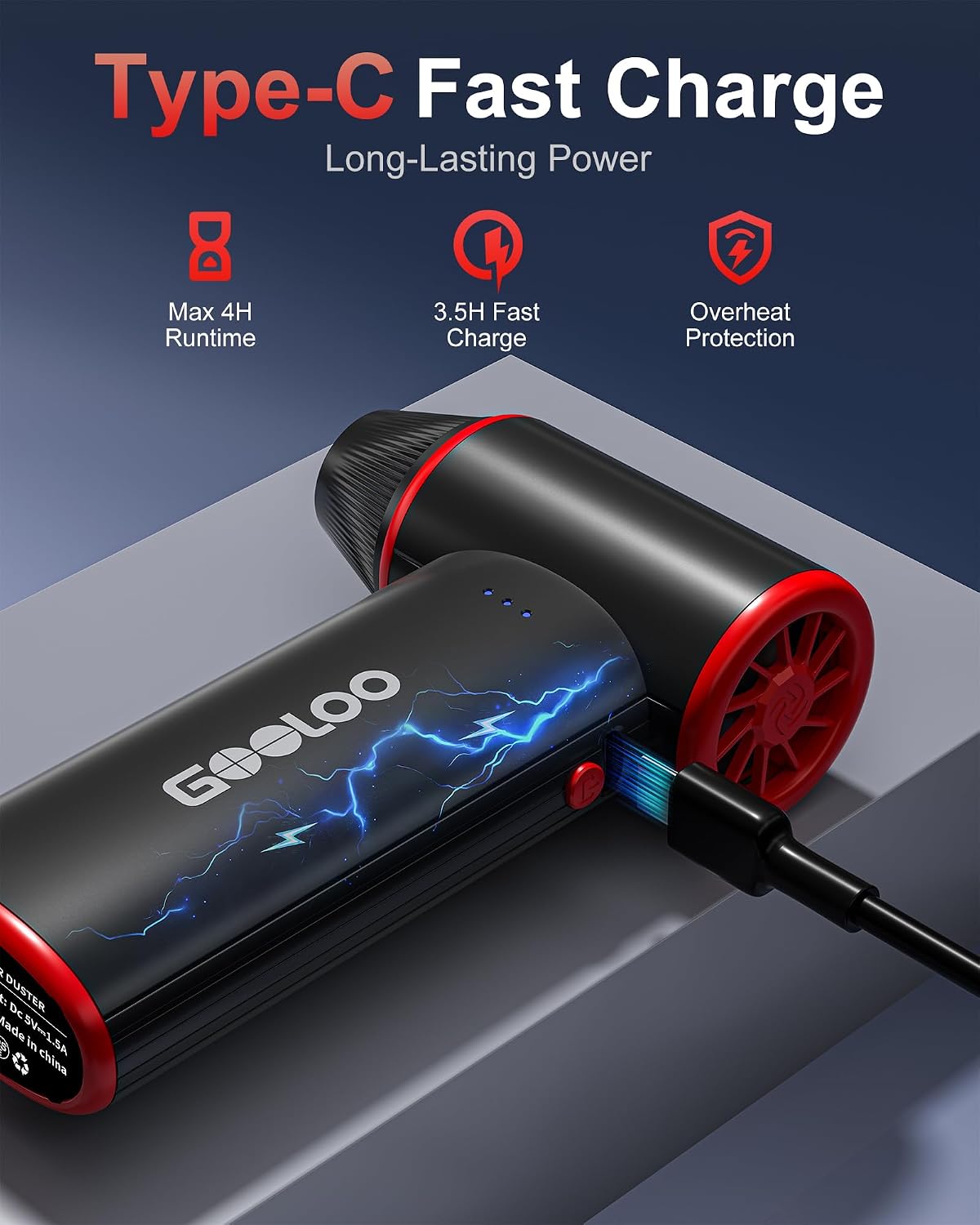GOOLOO F3 Compressed Air Duster, 150000RPM Duster for Cleaning, 3-Gear Rechargeable Electric Air Blower with Fast Charging, Cordless Mini Blower for PC, Computer, Car, Keyboard, Outdoor