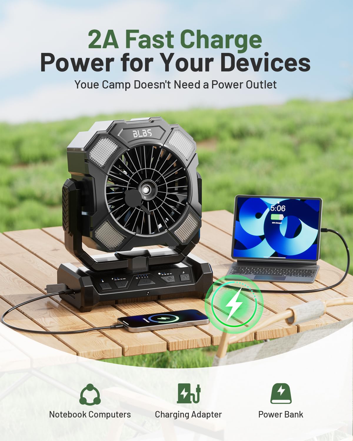 BLBS Camping Misting Fan, 24000mAh Rechargeable Battery Powered, 80H Runtime, 300ml Water Tank, LED Light & Hook, Portable Outdoor Fan for Camping Travel（Black）