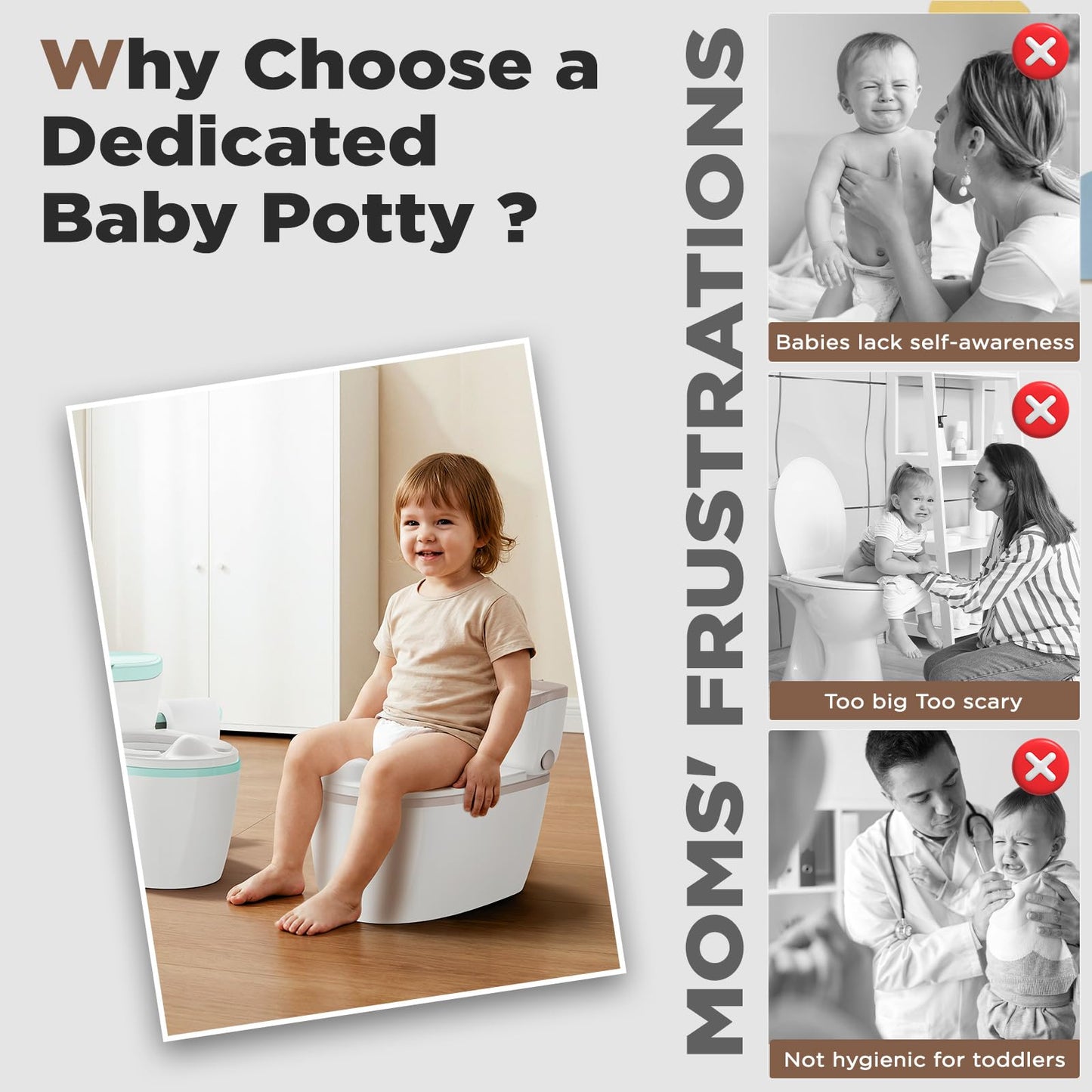 3-in-1 Toddler Potty Training Toilet with Flushing Sound, Wipes Storage & Toilet Paper Holder, Realistic Potty Chair with Detachable Seat and Easy-Clean Design for Boys & Girls Ages 18+ Months (Brown)