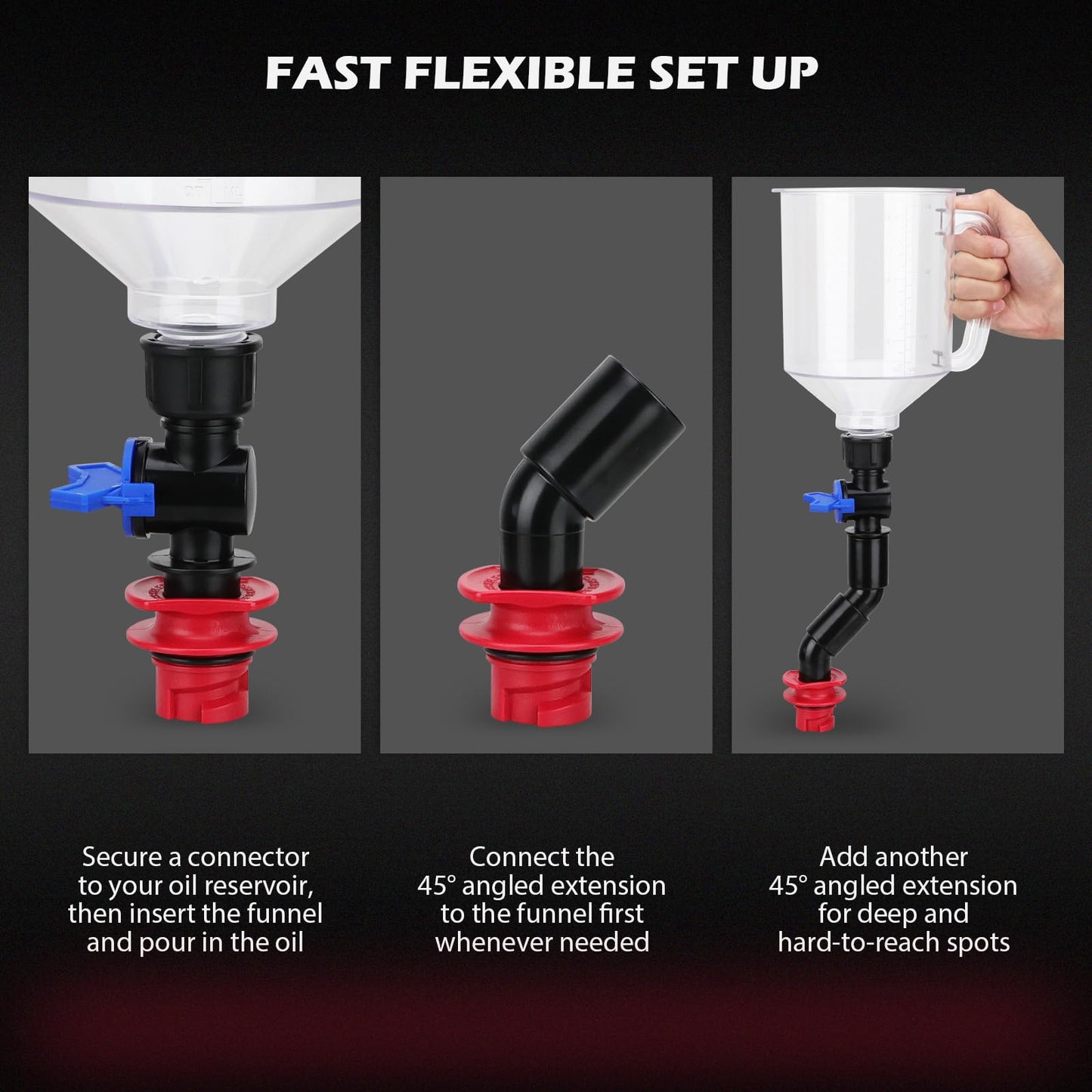 18-Piece Engine Oil Funnel Kit, 1.59QT/1.5L Automotive Oil Funnel Set with 12 Adapters, Elbow Fitting, Arrow Screen and Magnetic Storage Hooks Tray, Compatible with GM, Ford, BMW, Audi, Land Rover Etc