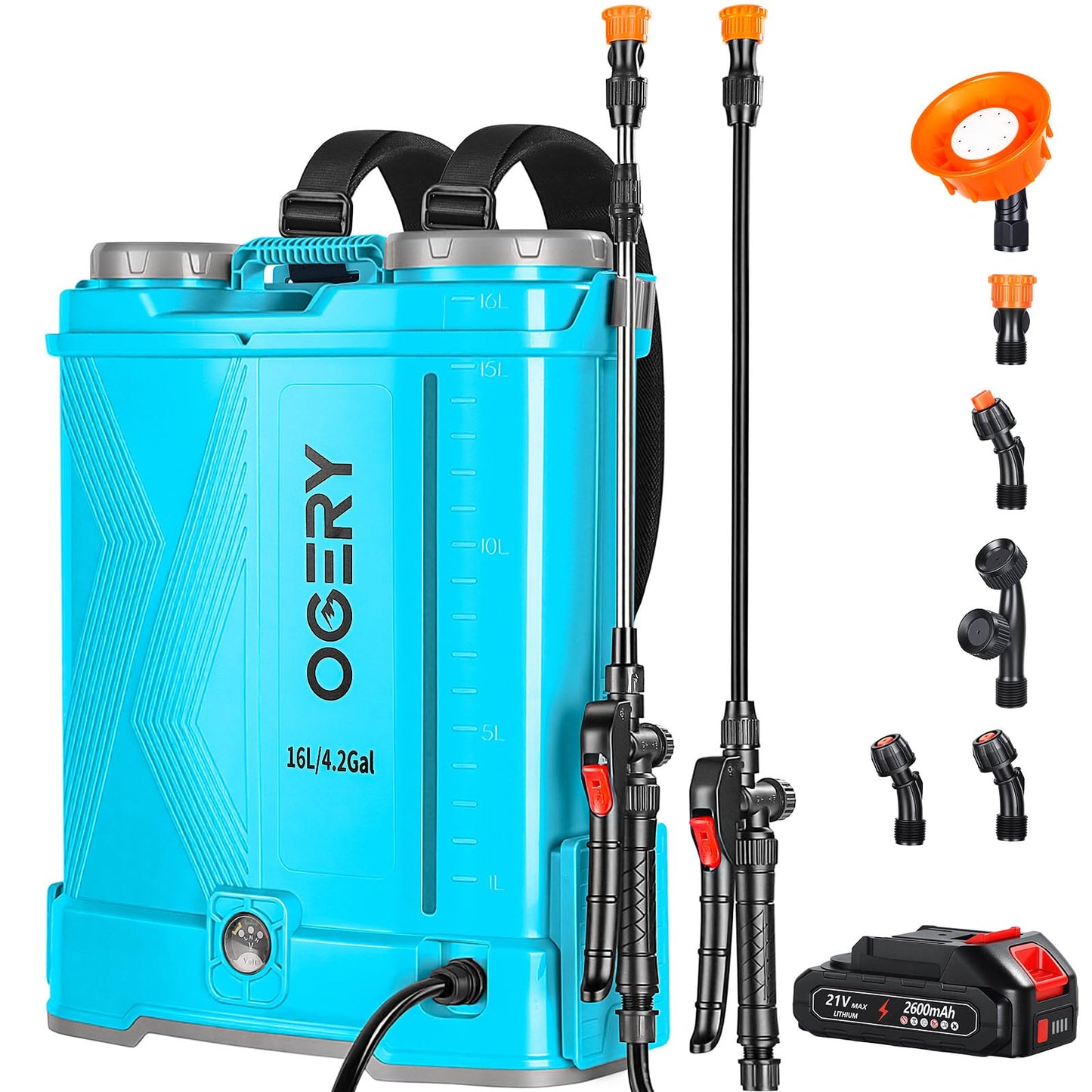 OGERY Battery Powered Backpack Sprayer 4 Gallon, 2.6Ah 21V Battery Electric Pump Sprayer with 6 Nozzles, Telescopic Stainless Steel + Plastic Wand for Lawn Garden Weed Yard Cleaning (Charger Included)