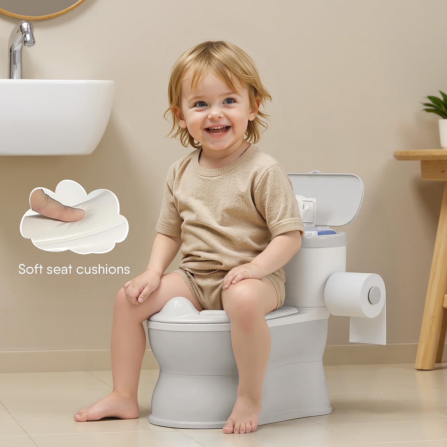 CheerTry 2-in-1 Toddler Potty Training Toilet - with Detachable Training Seat, Realistic Flushing Sound for Boys & Girls Ages 1-3 with Wipes Storage, Toilet Paper Holder