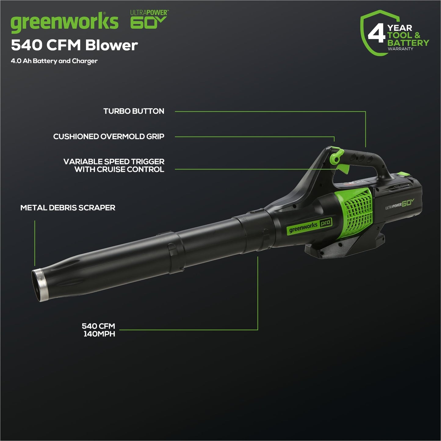 Greenworks 60V Cordless Yard Tool Combo Kit with 4.0Ah Battery & Charger – 13" Dual-Line String Trimmer and 540 CFM Leaf Blower