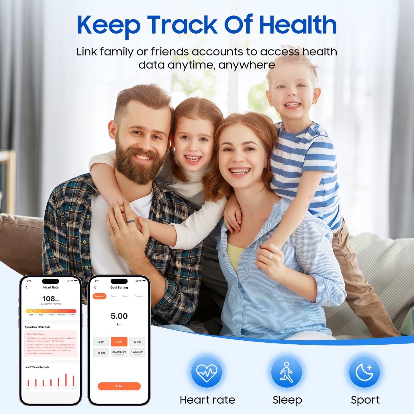 Smart Health Ring Fitness Tracker with Stress & Sleep Monitoring, Waterproof Activity Tracker, Compatible with iOS & Android, No Subscription Fee, Lightweight Wearable for Women & Men (Black, 12)