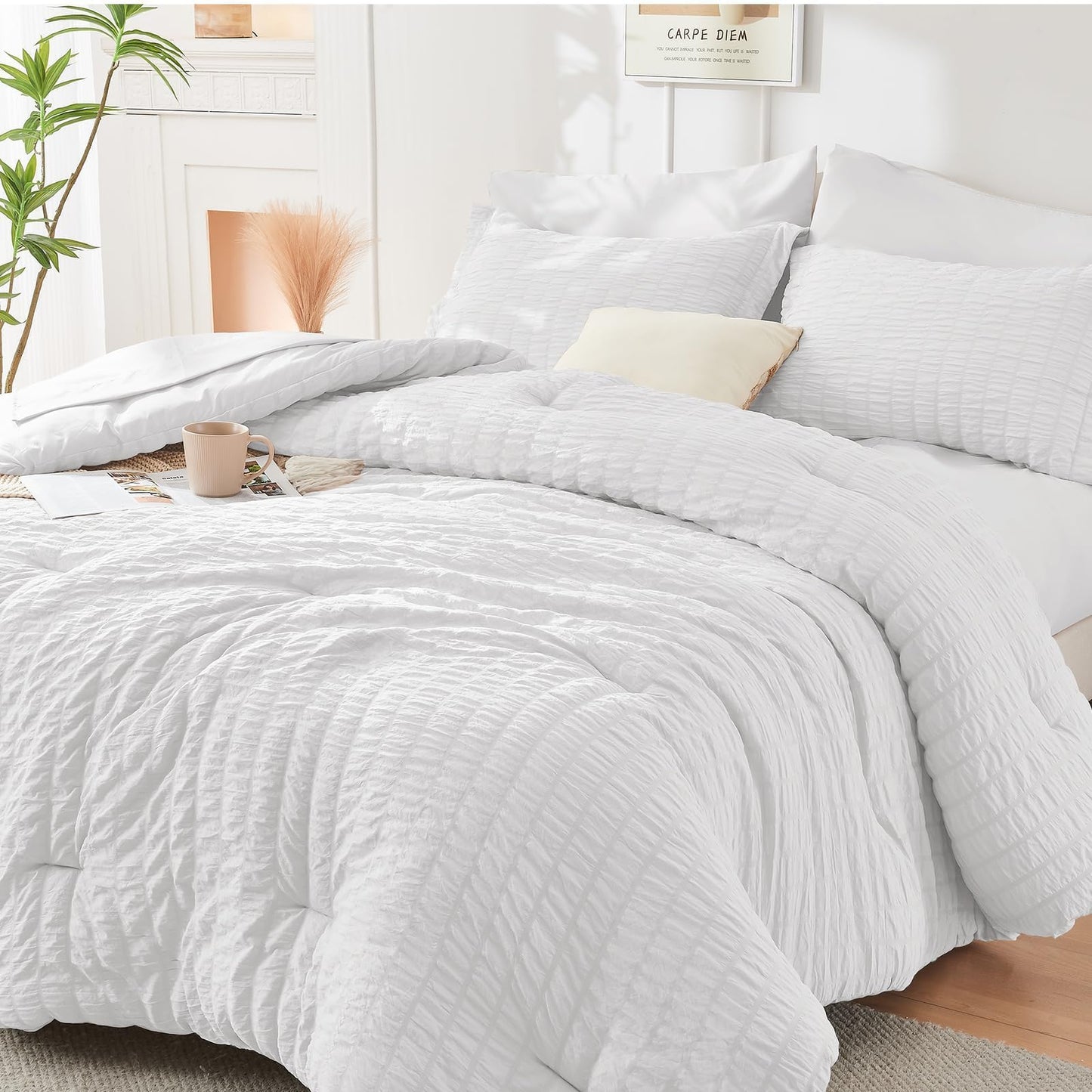 HYMOKEGE Black California King Comforter Set Seersucker 7 Pieces, All Season Luxury Bed in a Bag for Bedroom, Bedding Set with Comforters, Sheets, Pillowcases & Shams