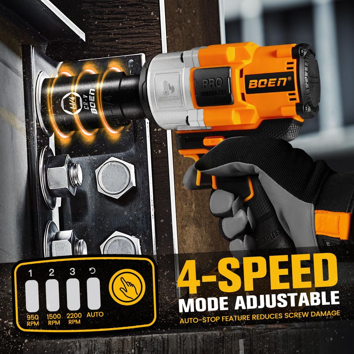 boen Cordless Impact Wrench 1/2 inch, 600FT-LBS(800N.m), Brushless Electric Impact Wrench, 2200RPM High Torque Impact Gun for Car Home, Includes 4.0Ah Battery×1, Charger, IW-75