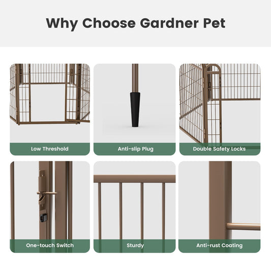 32 in(H) Decorative Garden Fence Outdoor for Yard with Gates,Heavy Duty Iron 6 Panels Total 13ft(L) Anti Dig Fence with Gravity Automatic Lock for Indoor/Outdoor Decorative Dog Fence,Brown