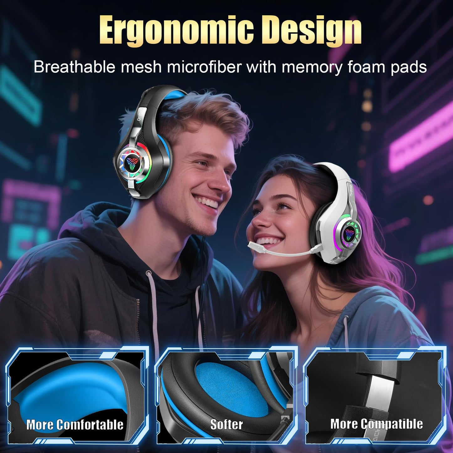 2.4GHz Wireless Gaming Headsets for PS5/PS4/PC/Switch/Xbox One, RGB Noise Cancelling Over-Ear Headphones with 7.1 Surround Sound, 40mm Drivers, 276g Ultraligero, Memory Foam, 45H Gaming Headphones