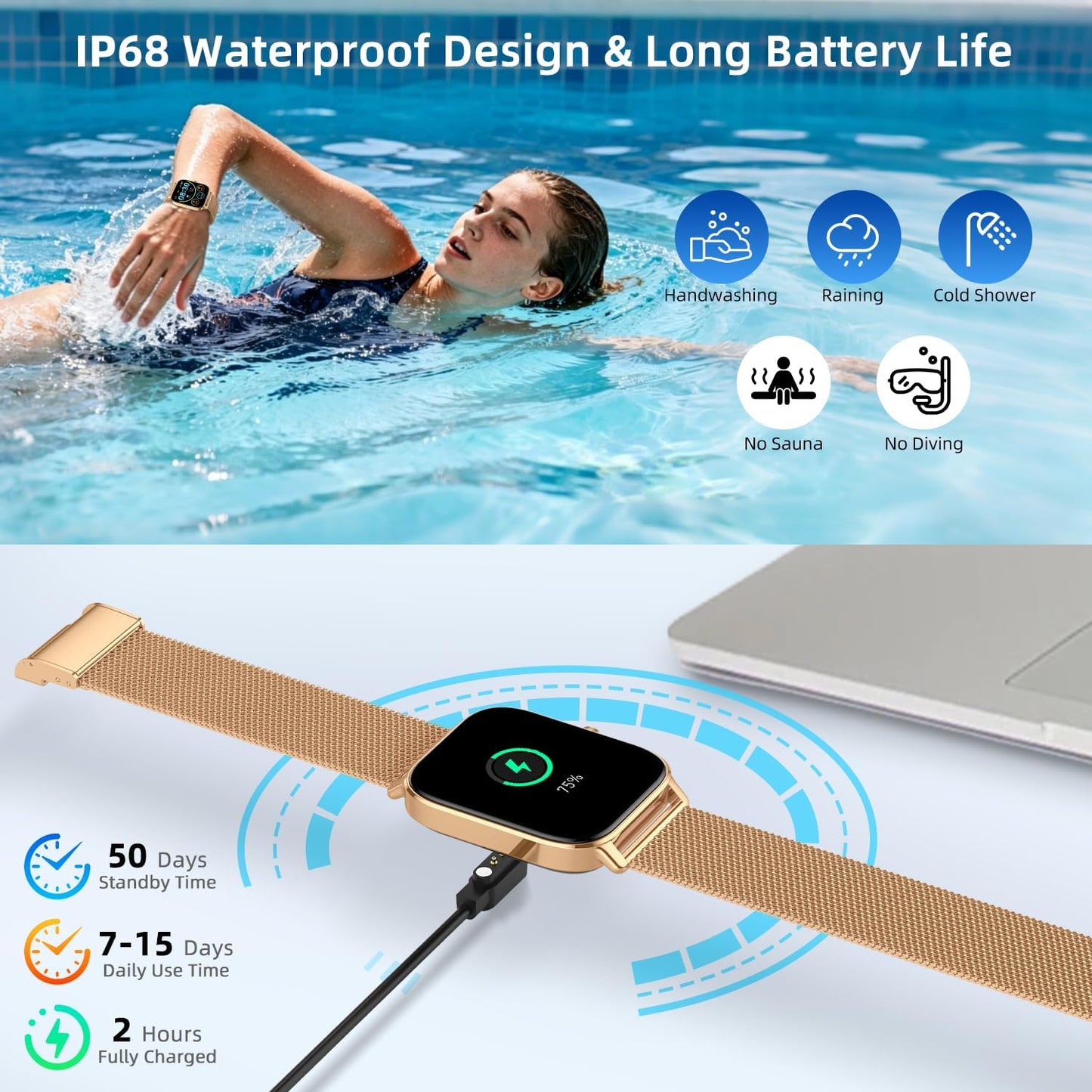 Smart Watch for Women Android/iPhone: Fitness Tracker Smart Watches Rose Gold IP68 Waterproof Bluetooth Calls Answer&Make 1.85" Smartwatch Activity Pedometer Heart Rate SpO2 Monitor 120+ Sports Model