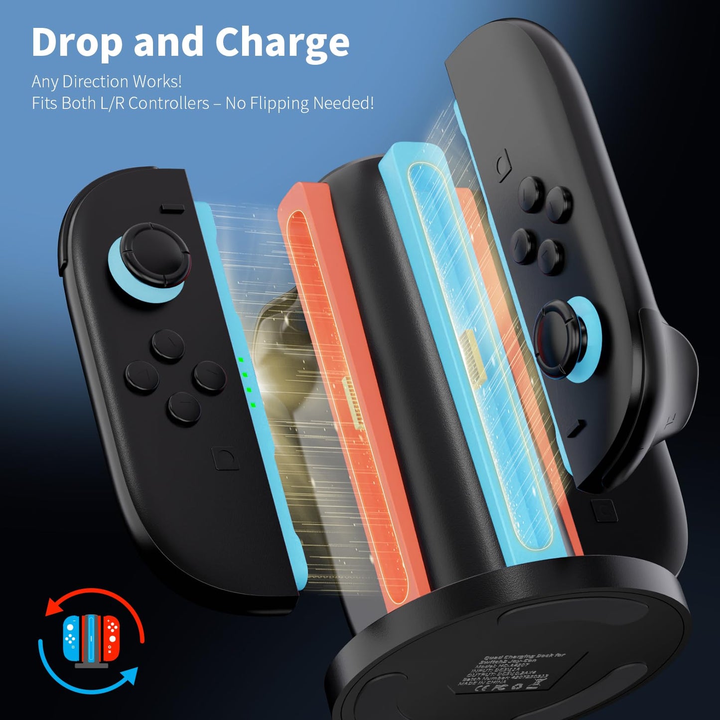 AceGamer 4-In-1 Charging Dock for Nintendo Switch 2 Joy-Con in Any Direction, 4-Port Magnetic Charging Station, Vertical Fast Charging Stand with LED Indication and USB Type-C Charger Cable, Black