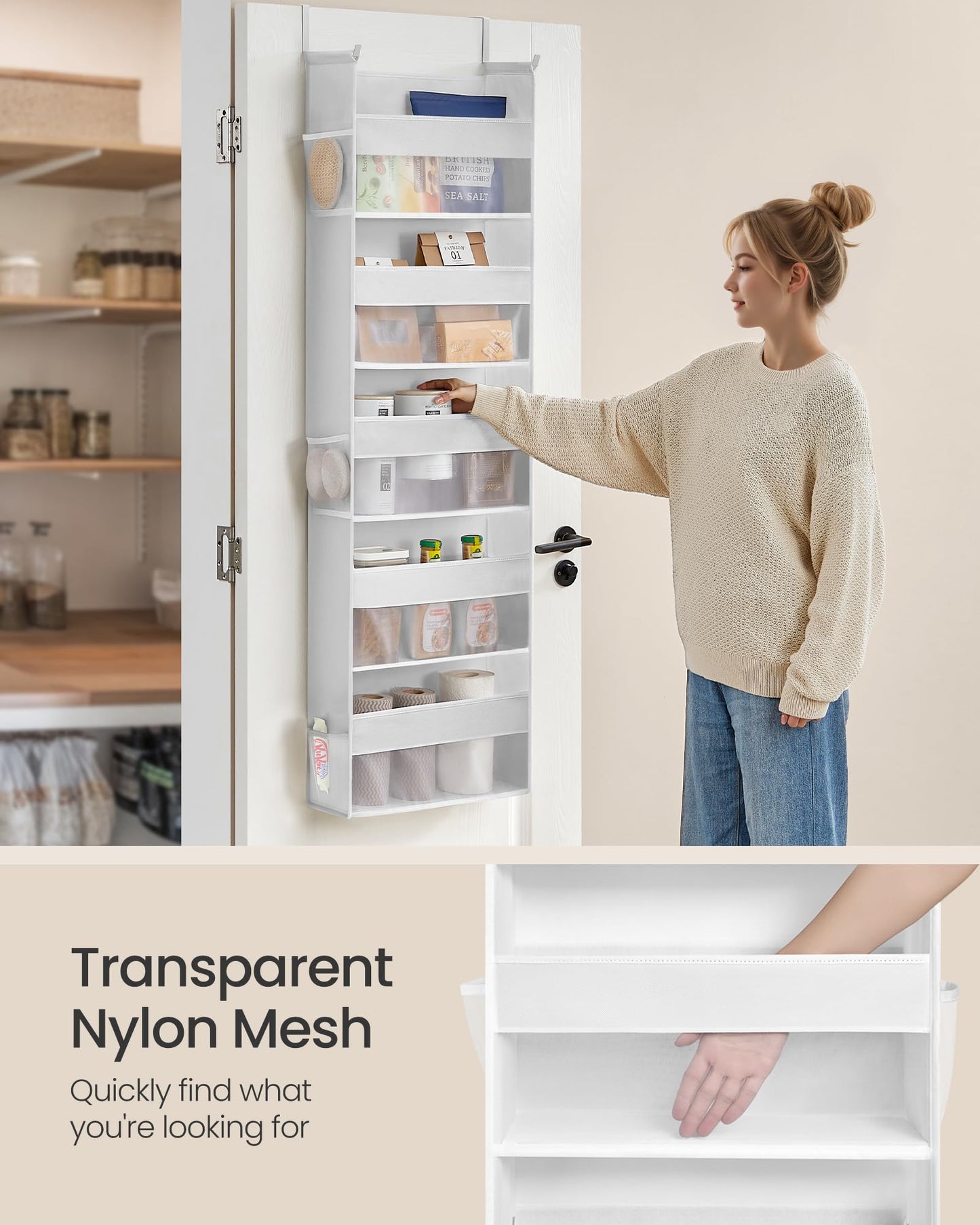 SONGMICS Over The Door Organizer, Hanging Door Organizer with 5 Large Pockets, 5-Tier Fabric Storage, Transparent Nylon Mesh, Foldable, Metal Hooks, with Side Pouches, Cloud White URDH007W01