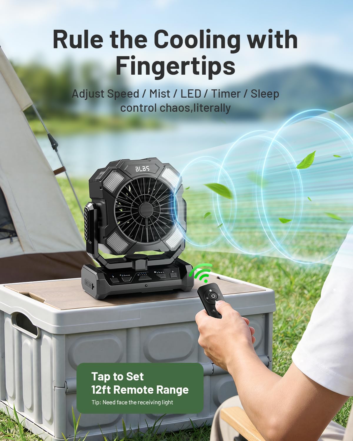 BLBS Camping Misting Fan, 24000mAh Rechargeable Battery Powered, 80H Runtime, 300ml Water Tank, LED Light & Hook, Portable Outdoor Fan for Camping Travel（Black）