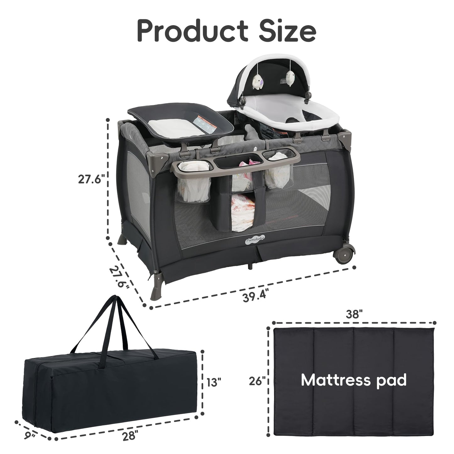 Pamo Babe Pack and Play 4-in-1 Baby Playard with Bassinet & Changing Table, Foldable Portable Playpen with Mattress, Nursery Center for Newborn to Toddler 0-36M-Grey