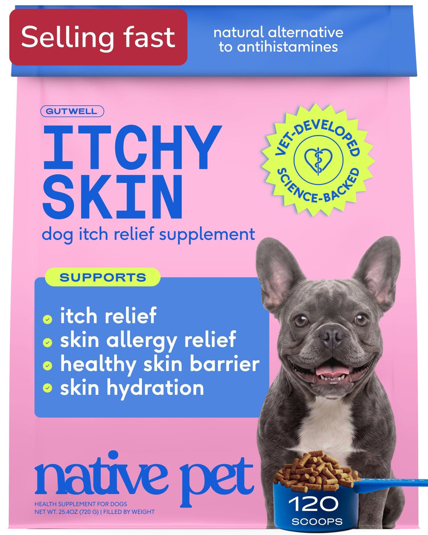 GutWell Itchy Skin - Dog Itching Skin Relief & Seasonal Allergy Itch Relief for Dogs - Promotes Skin Hydration, Elasticity & Healthy Barrier with Triple-biotic Blend, Zinc, & Vitamin E - 120 Scoops